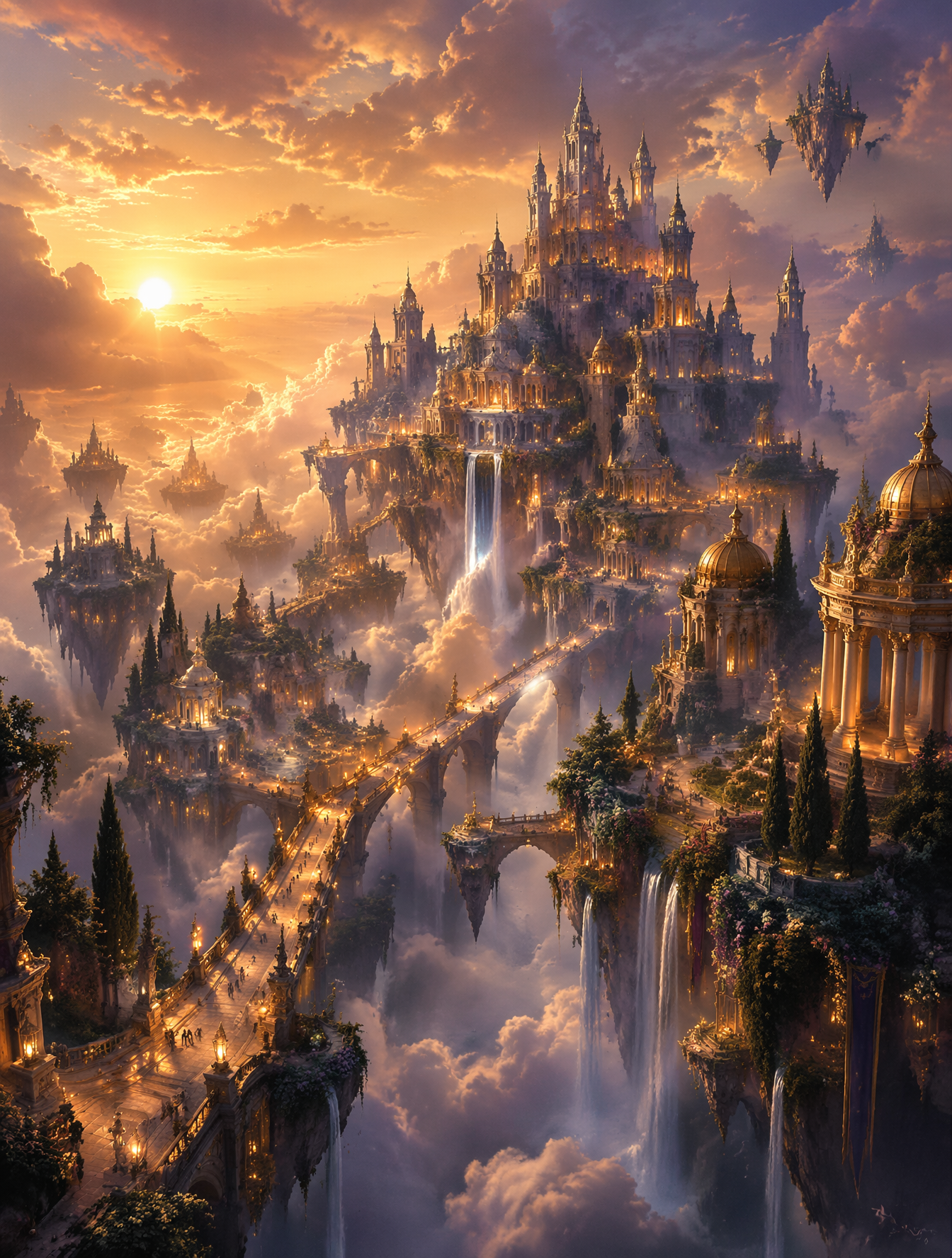 Create an epic fantasy city floating high above the clouds a