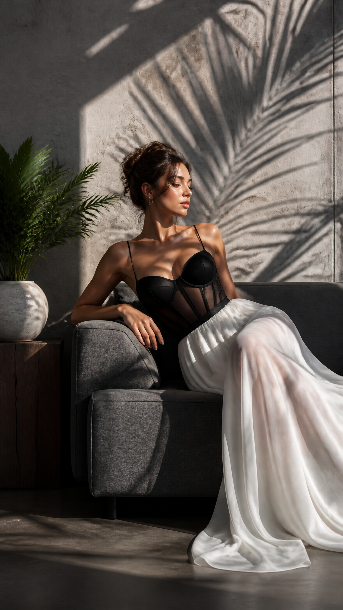 A young woman with an elegant updo reclines on a minimalist 
