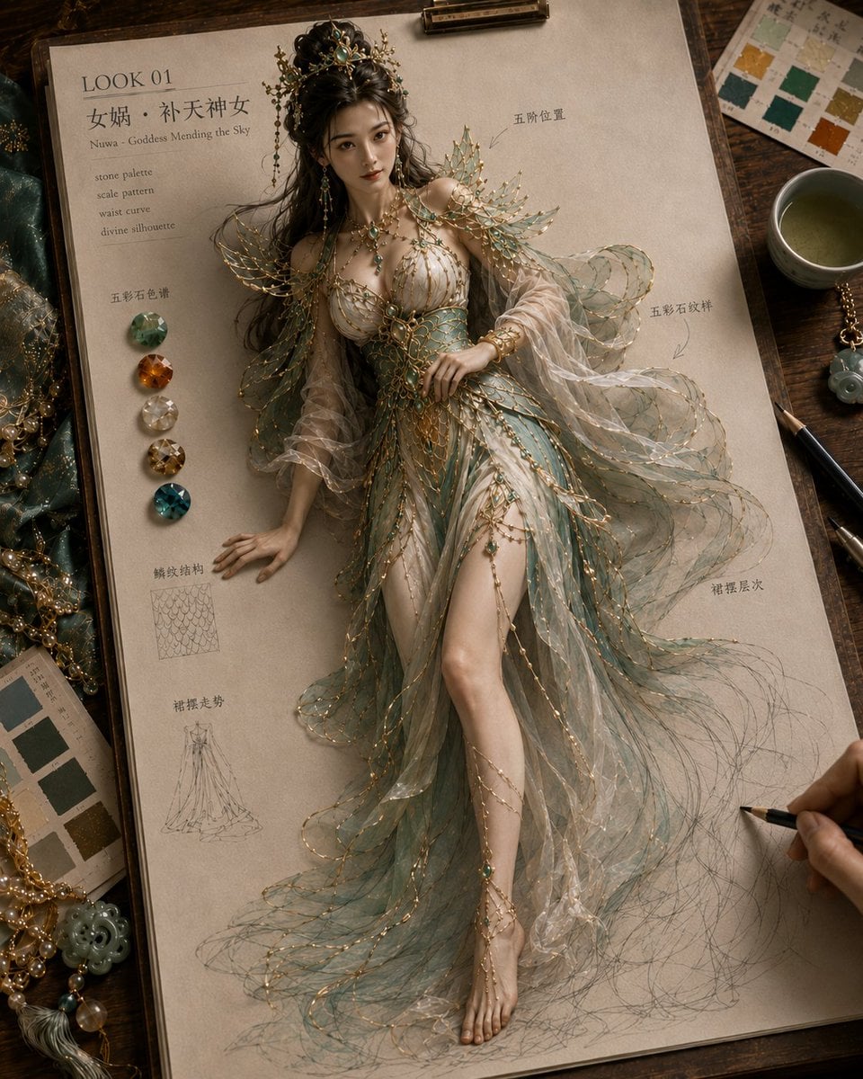 生成一张《纸上成真 · 神话绮装》风格图片，4:5 竖版。

画面是高级东方神话高定服饰设定稿：米白色手稿纸夹在木质画板
