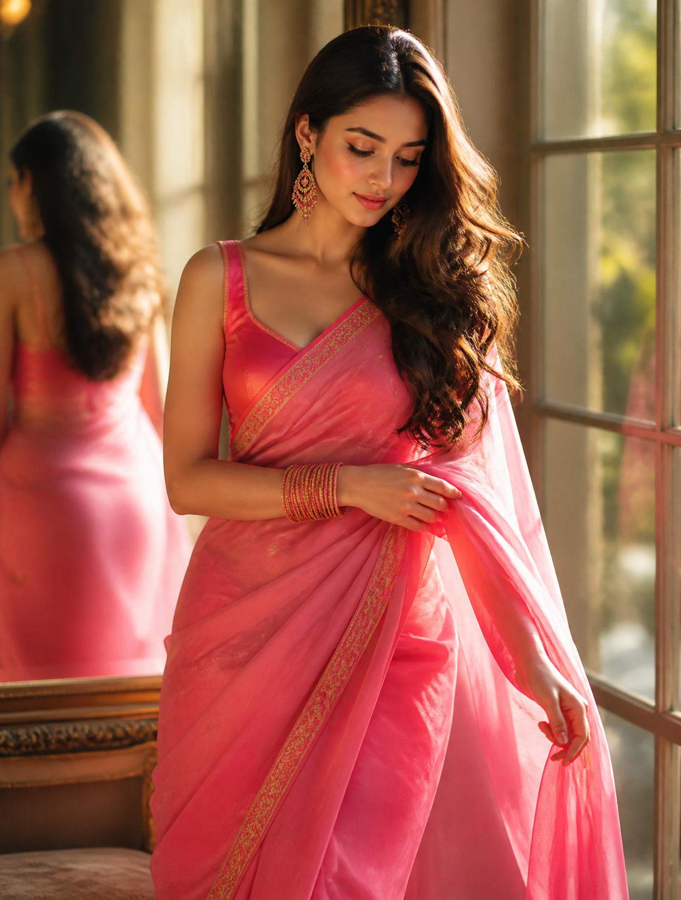 beside a large window in warm golden-hour sunlight, wearing 