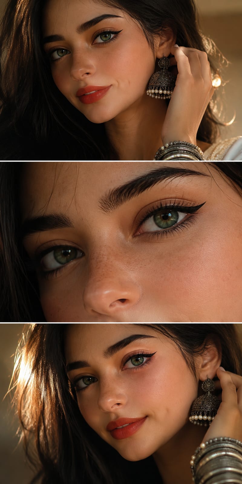 Ultra-realistic vertical 3-panel beauty collage of a young S