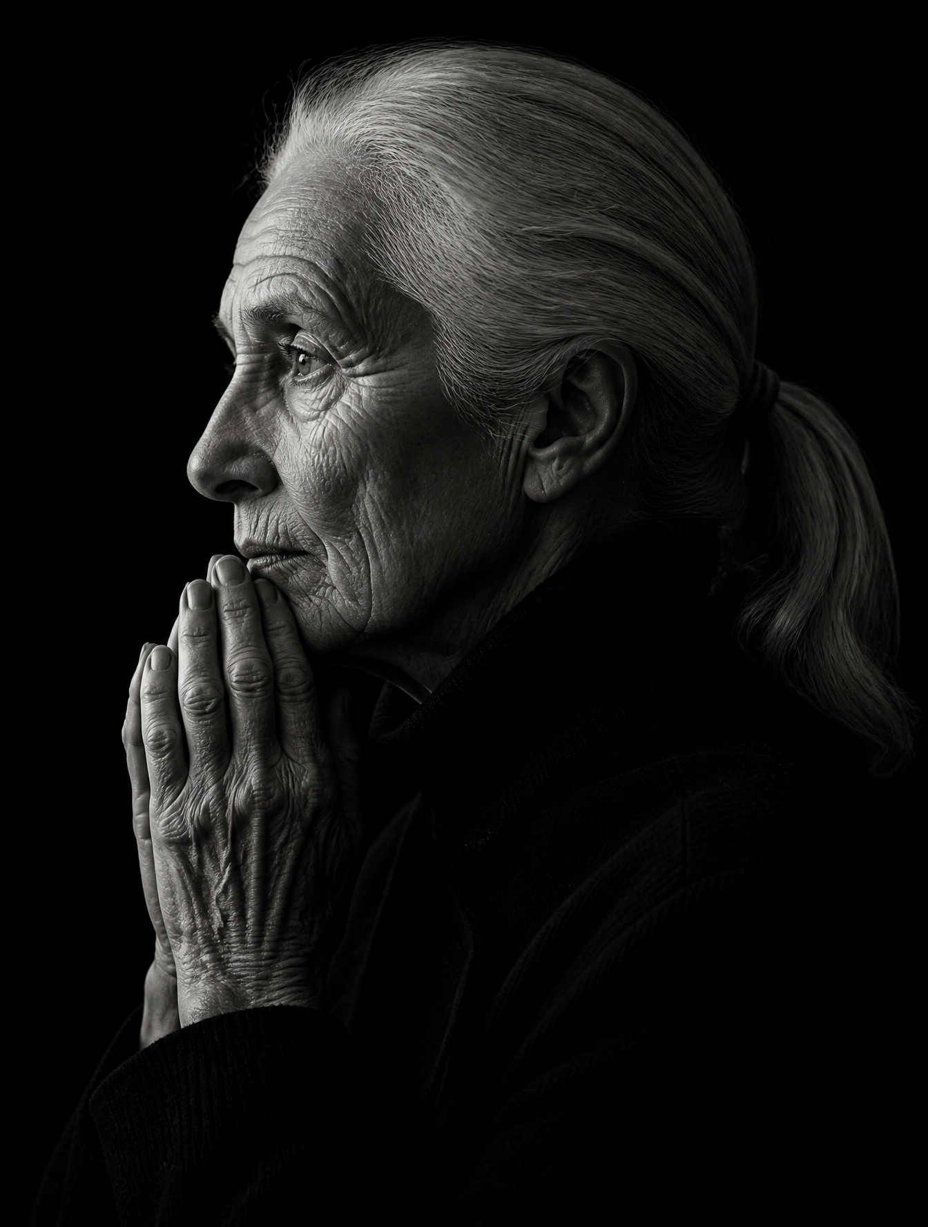 Create a dramatic black-and-white fine-art studio portrait o