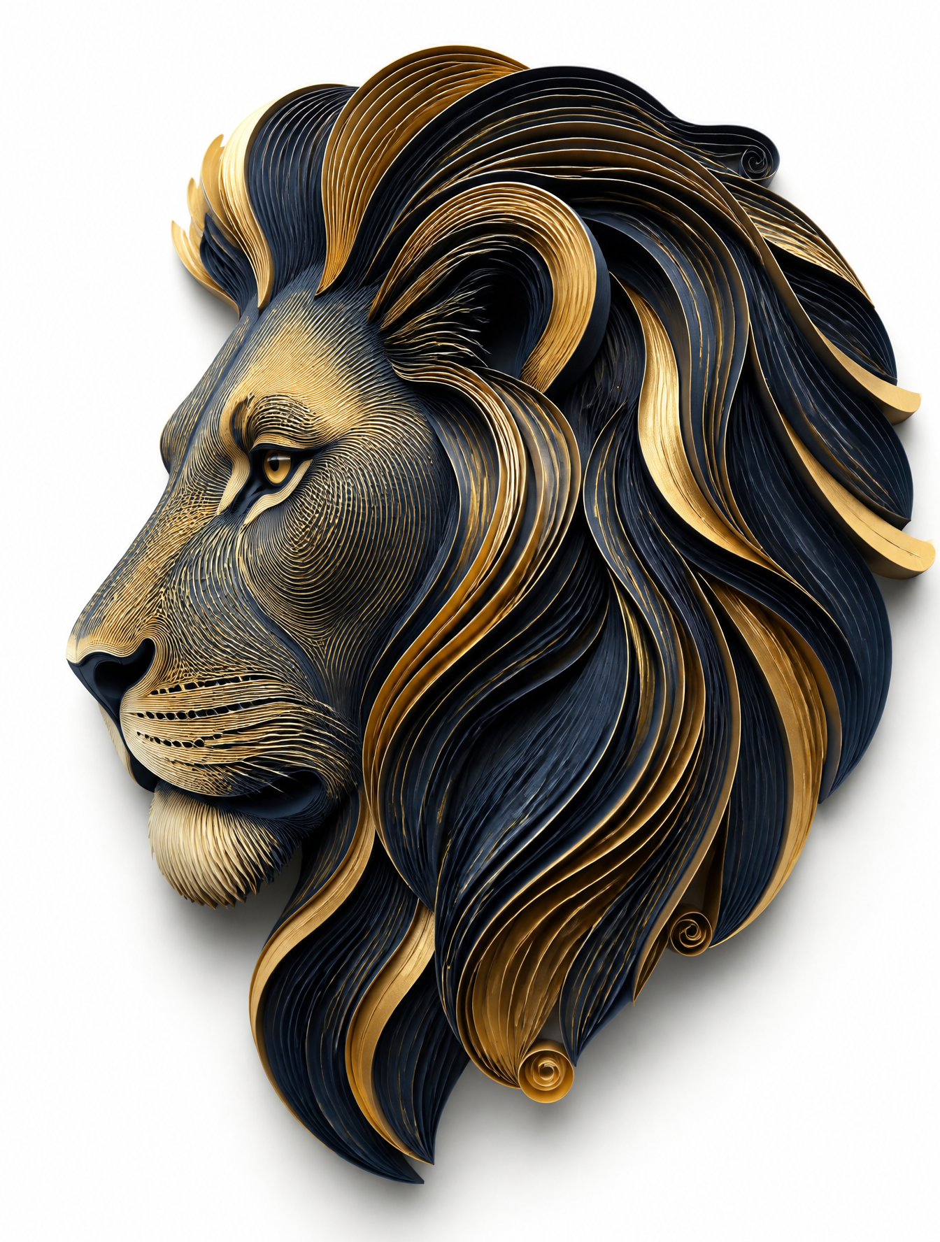A stylized, three-dimensional profile relief of a lion’s hea
