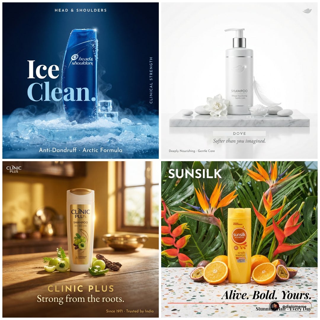 Hyper-realistic luxury shampoo campaign poster, 1:1 square f
