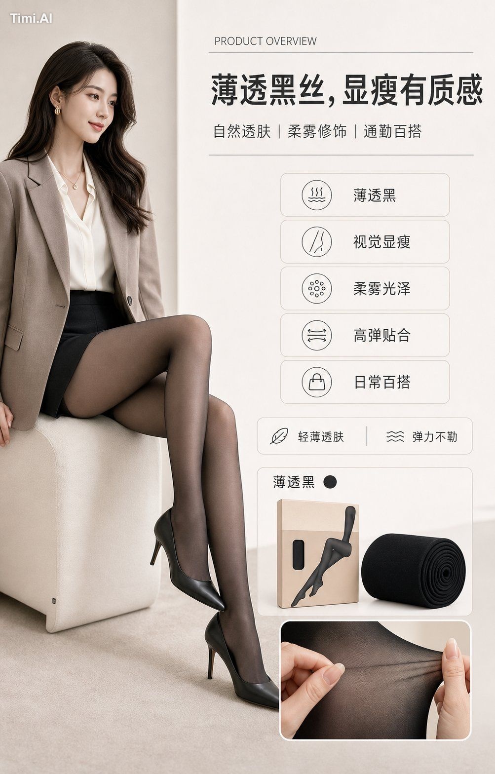 生成一组 5 张黑丝电商详情图,每张独立生成,不要合并,不要在图片上放 01/02/03/04/05 或任何数字编号。