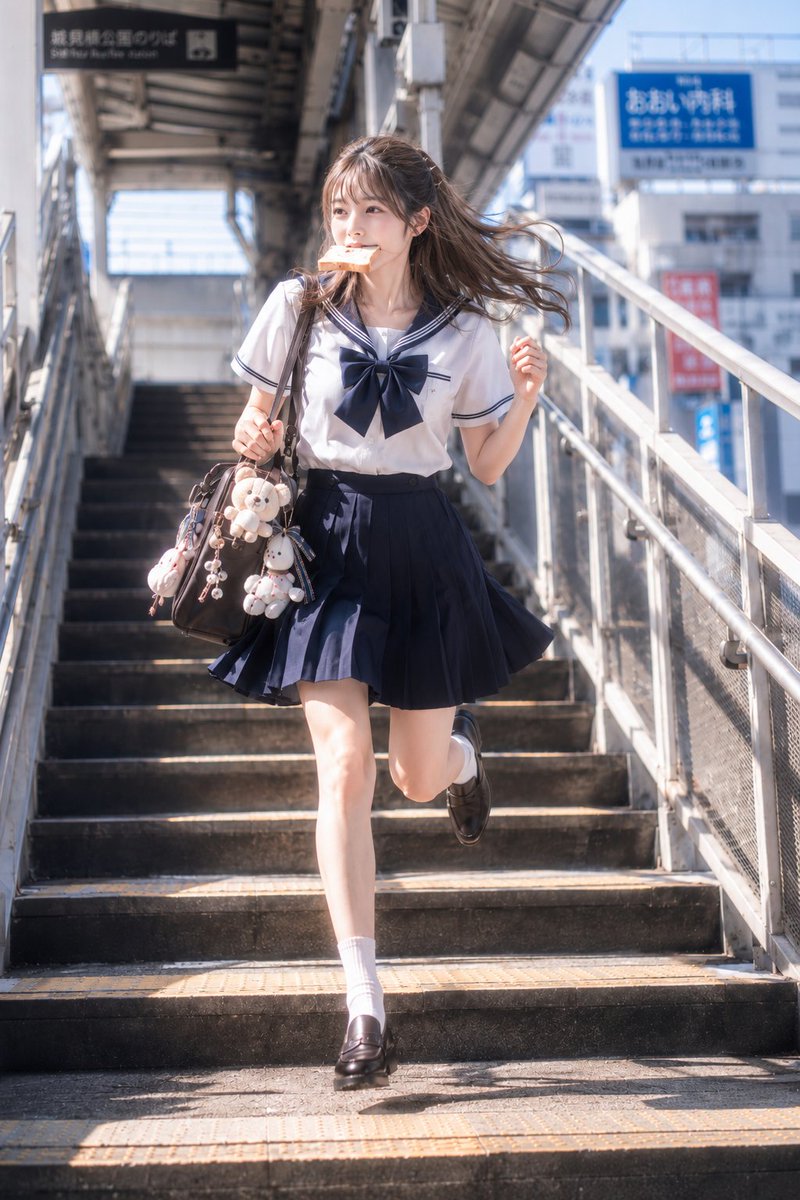 主題:
朝の急ぎ足
人物・表情:
20代女性。明るいアイボリーベージュ寄りの白肌に、ほんのりピンクの血色を含んだ自然な