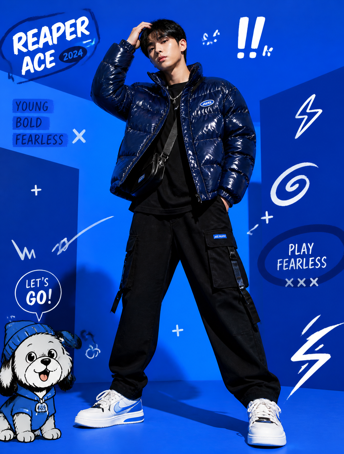 A full-body fashion editorial scene against a vibrant electr