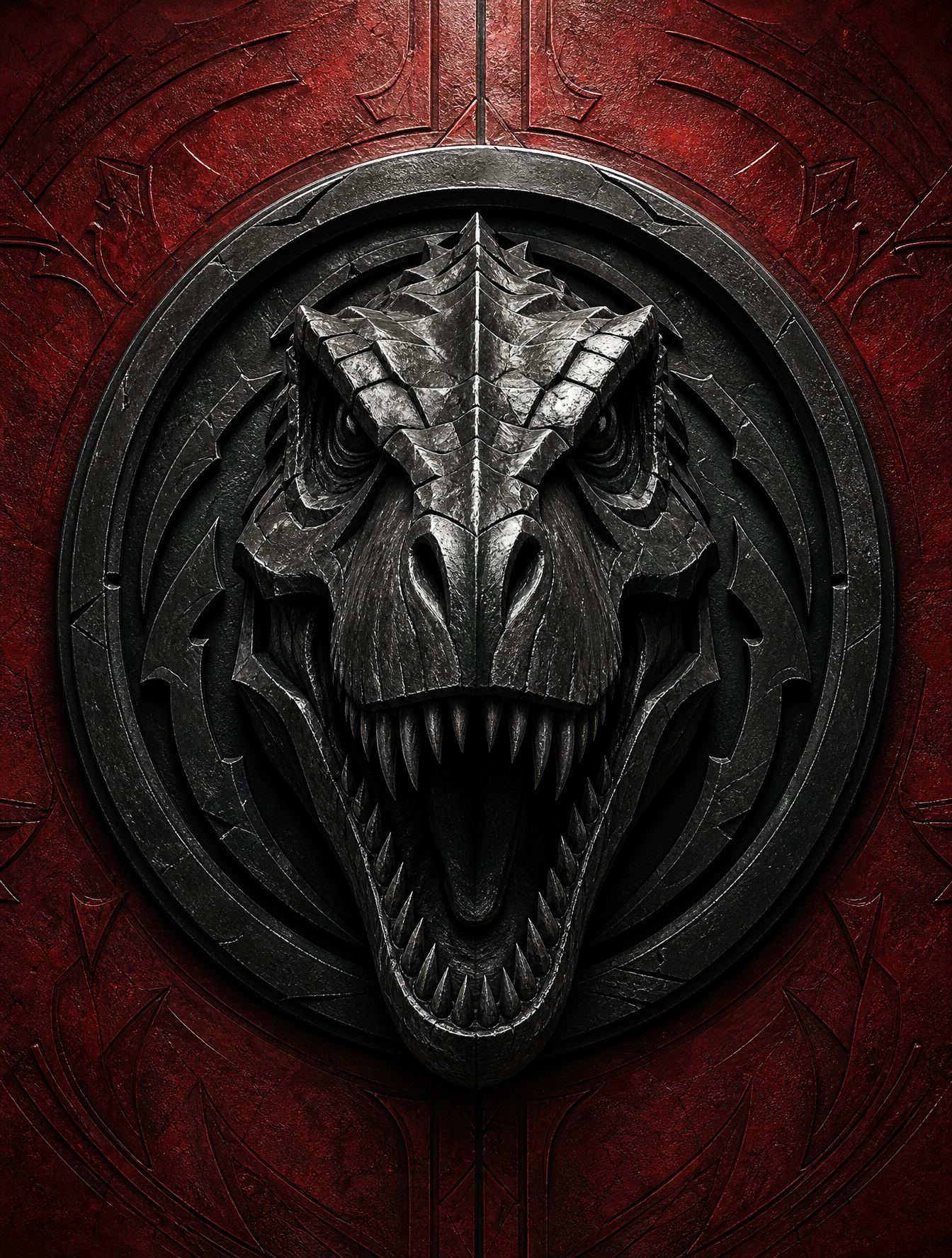 A massive 3D [T-rex] sculpted from matte black forged metal,
