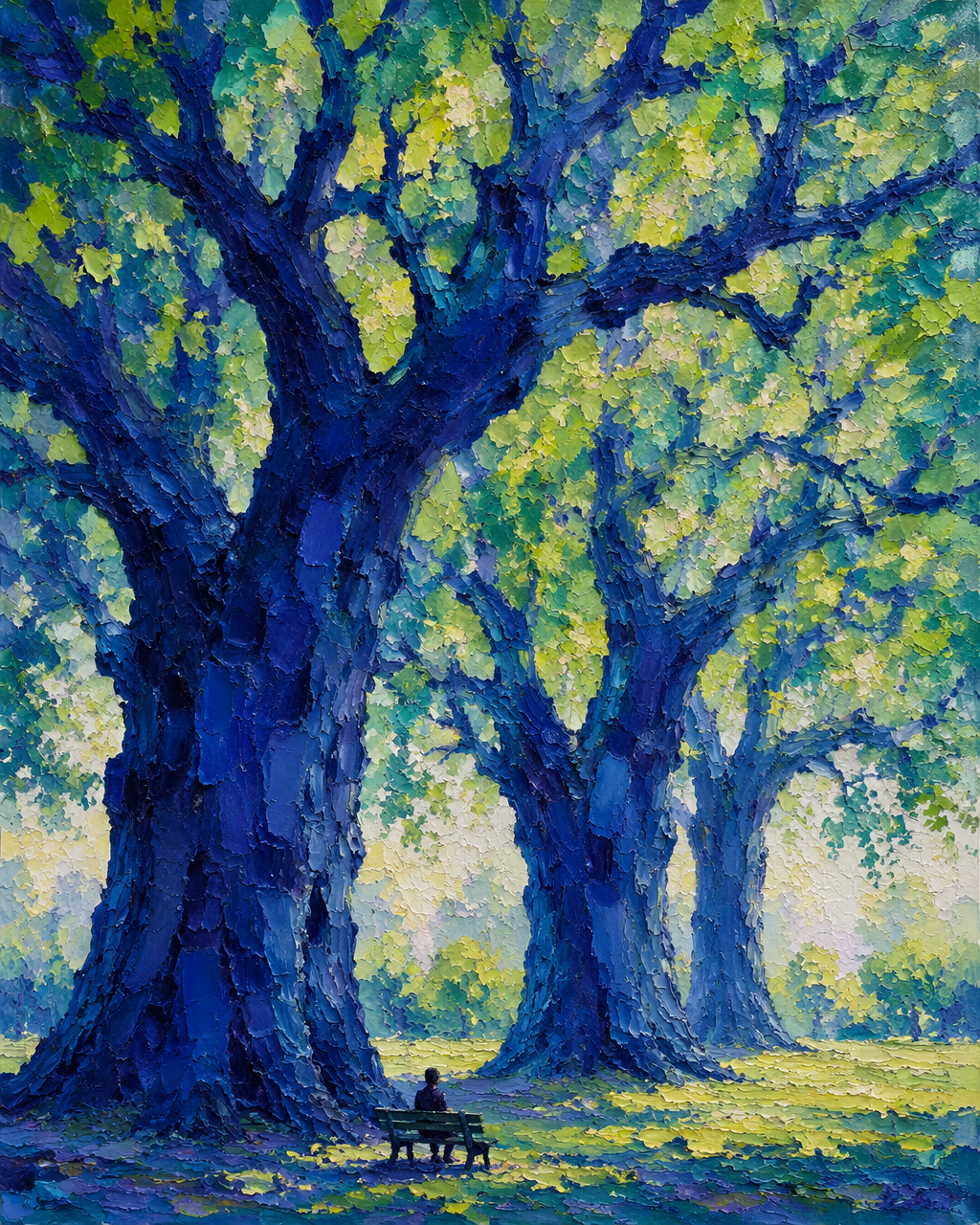 Vertical landscape oil painting, impasto thick paint texture