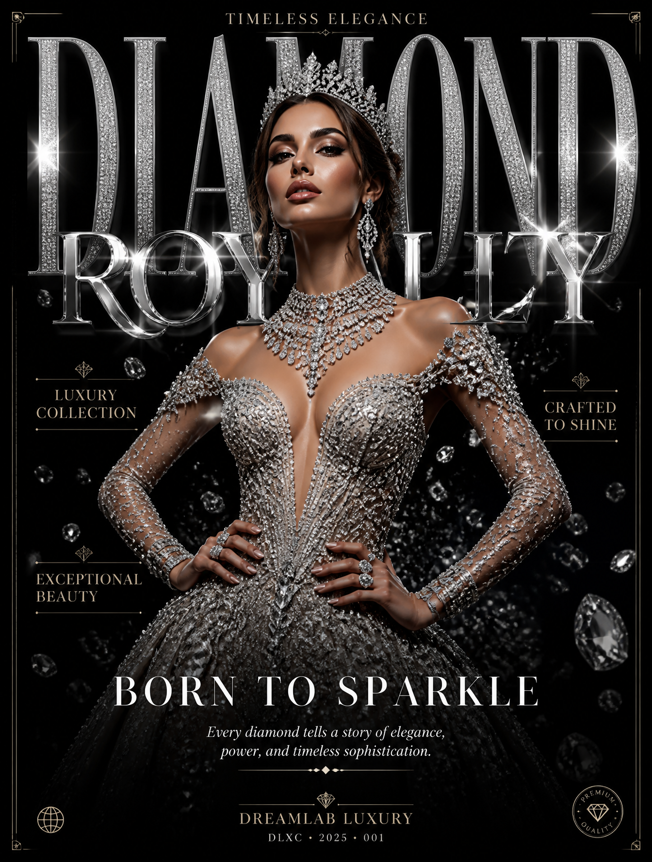 Ultra-luxury fashion editorial poster on a clean black backg