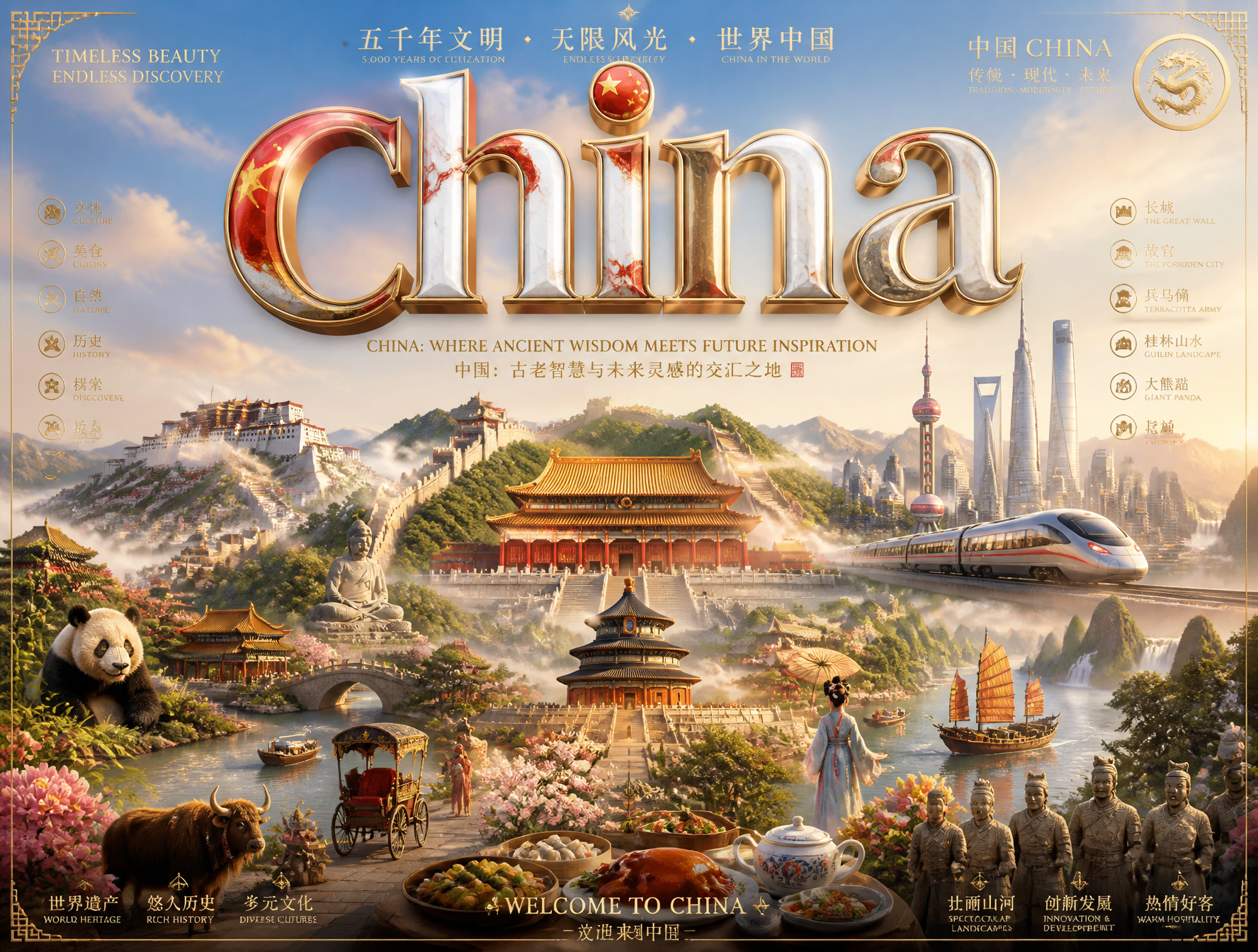 Ultra-premium cinematic 3D travel poster for [CHINA], bright