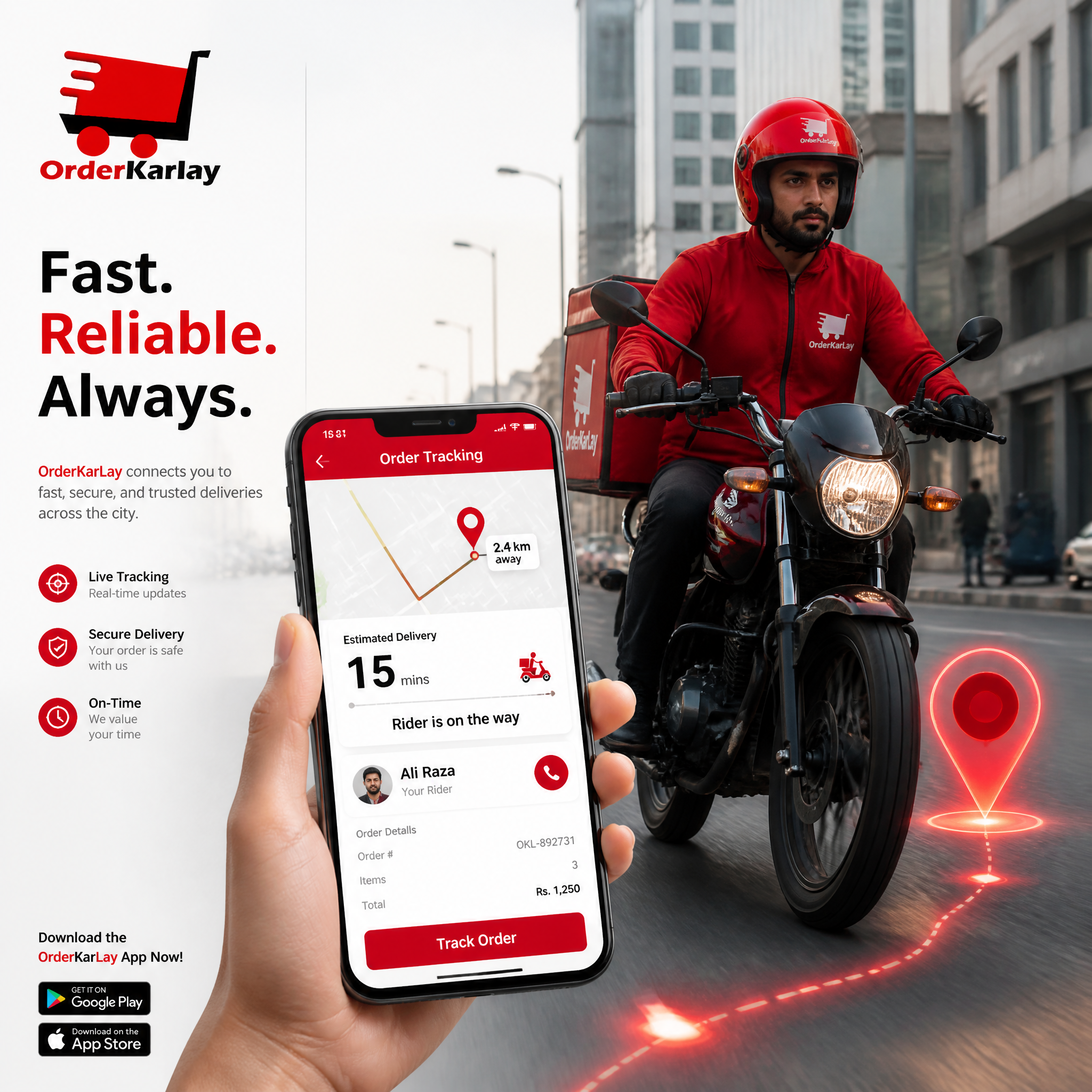 Subject & Action
A professional delivery rider in a crisp Or