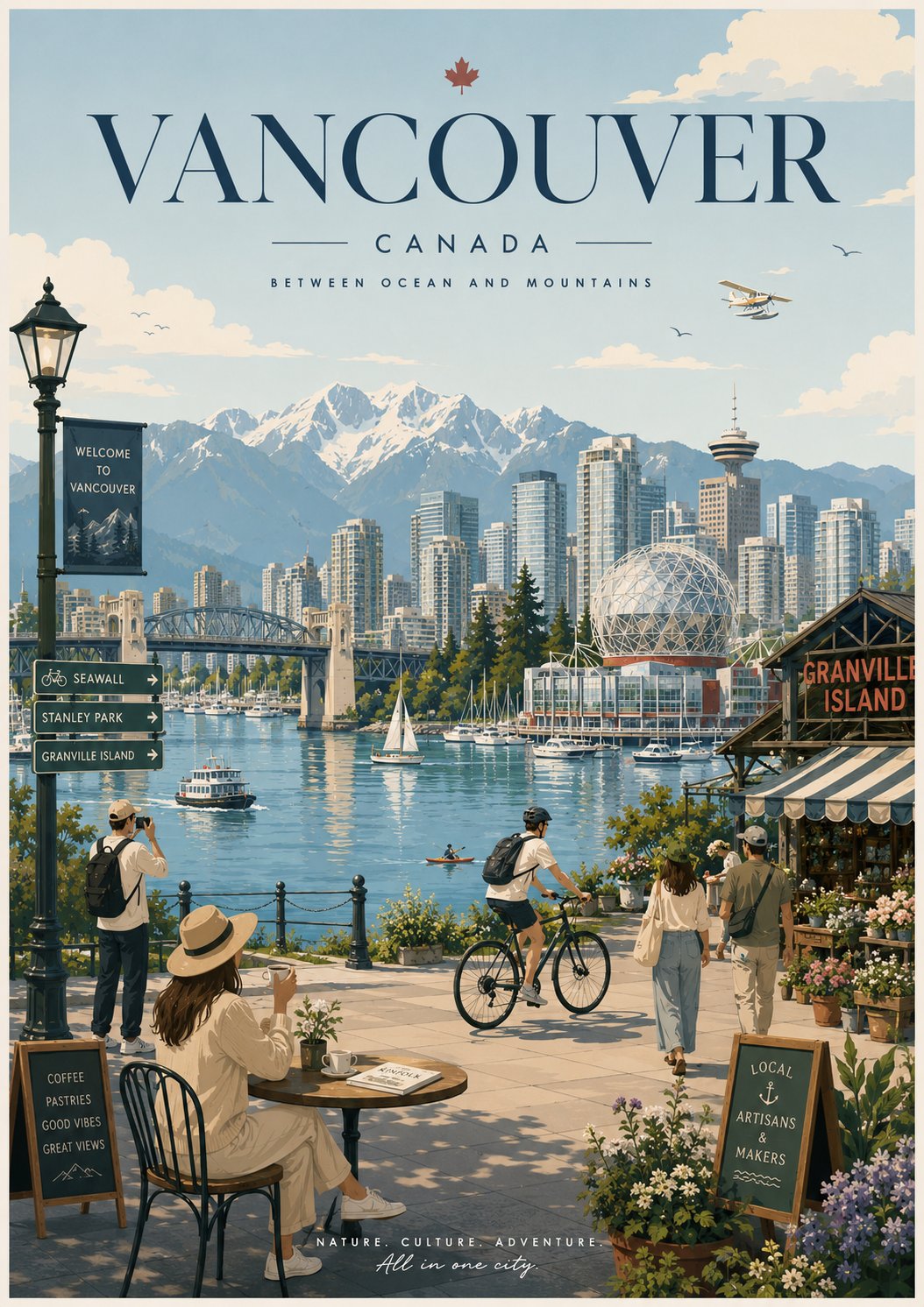 Create a minimalist travel poster illustration in a soft edi