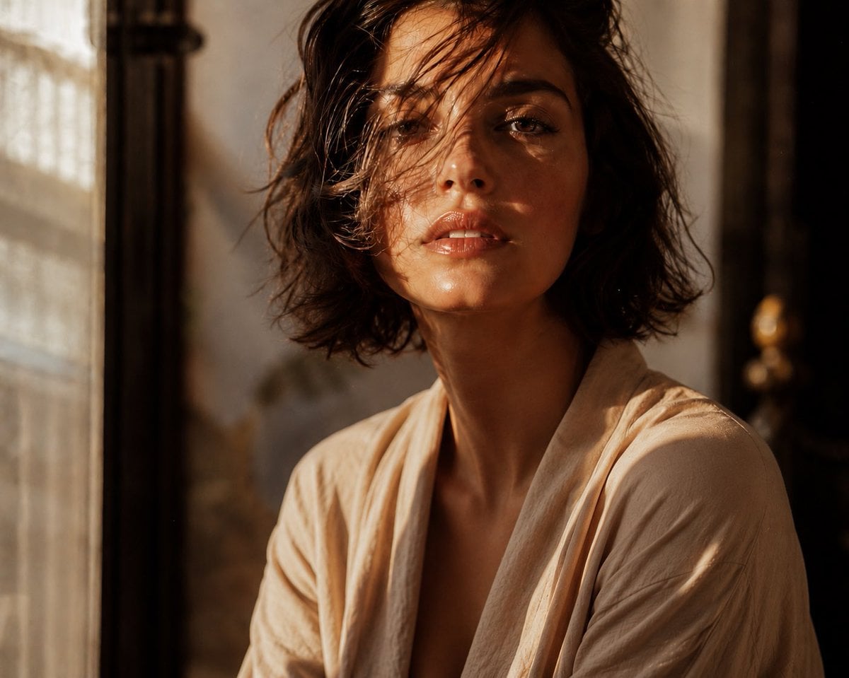 Cinematic editorial close-up of an elegant young woman with 
