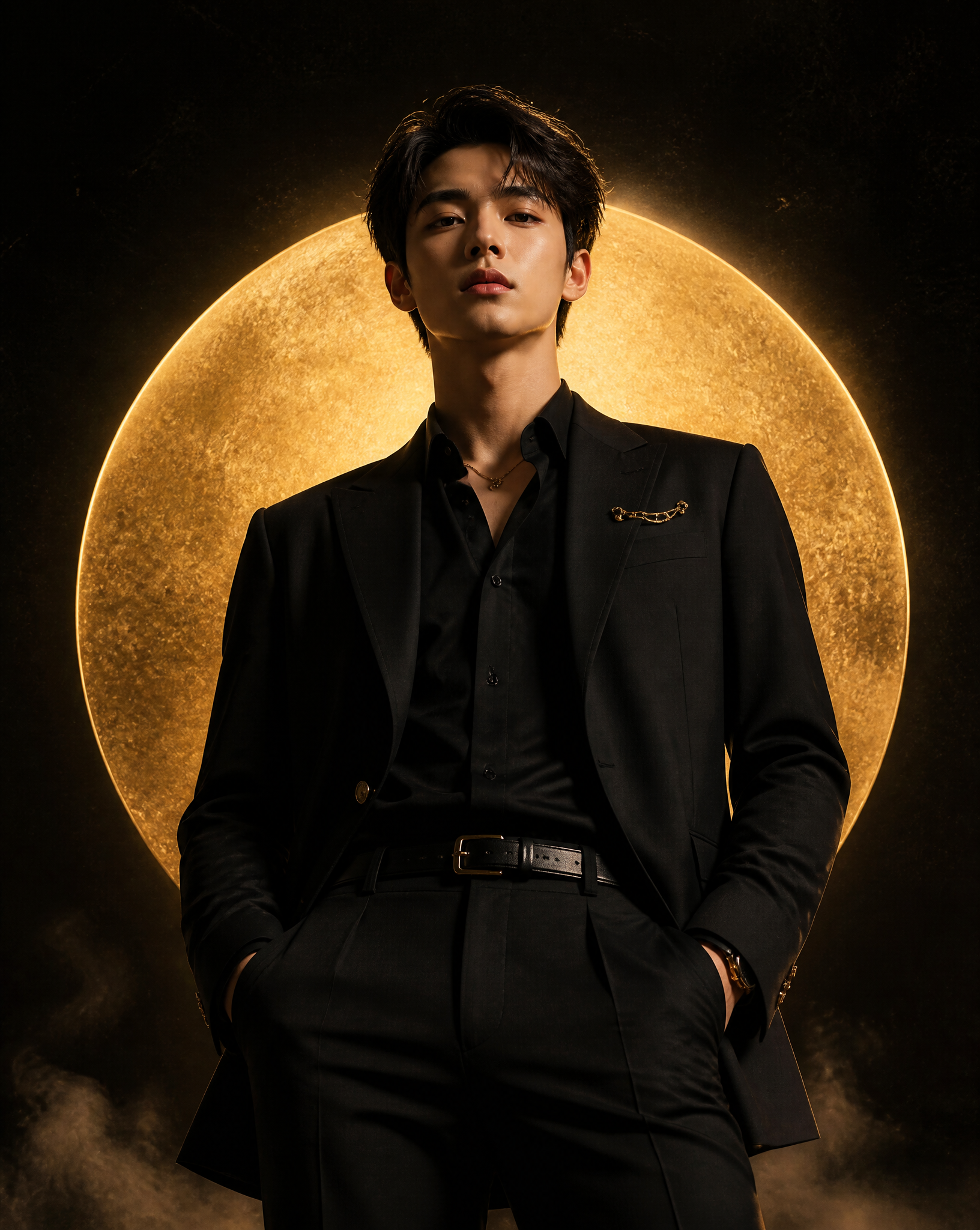 Create a luxury cinematic fashion poster featuring a stylish