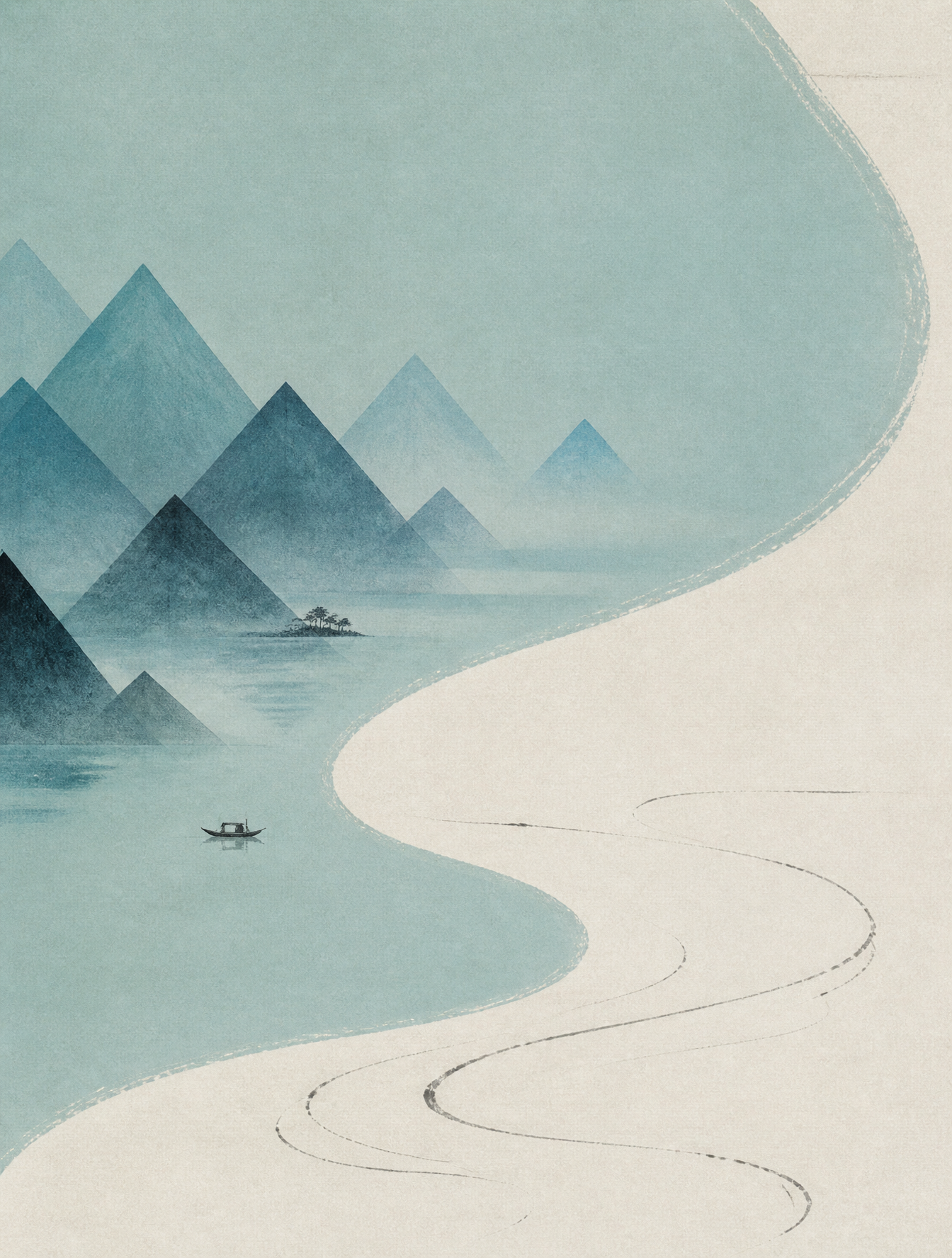 一幅融合宋代山水画意境与极简主义构成的现代艺术作品。画面以天青色为主调,占据60%面积。采用S型构图,远山以几何化的三角