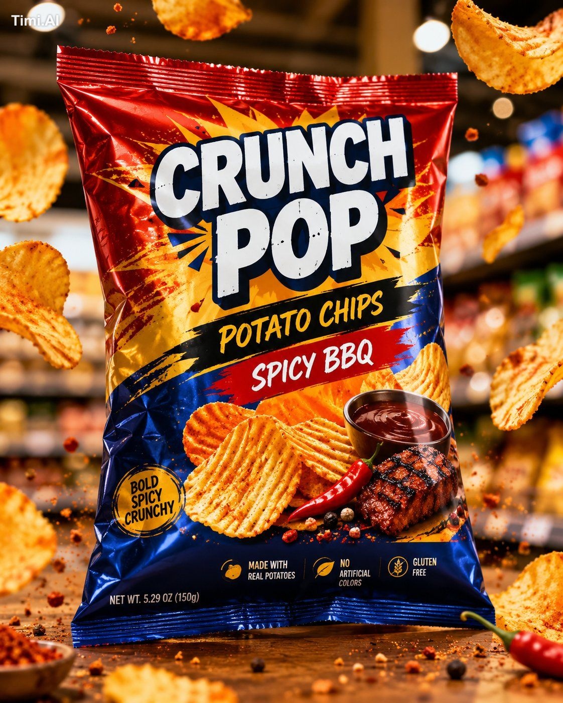 Create a high-end commercial snack chips packaging mockup wi