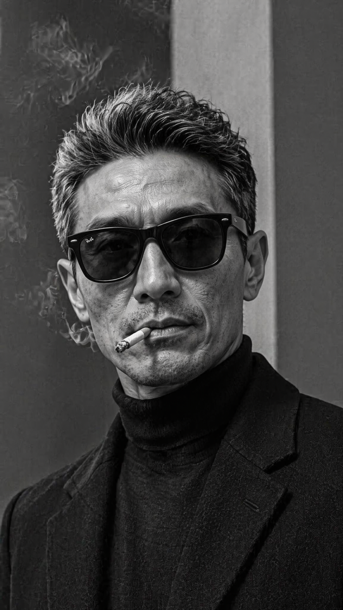 Ultra-realistic fashion black and white portrait of a man wi