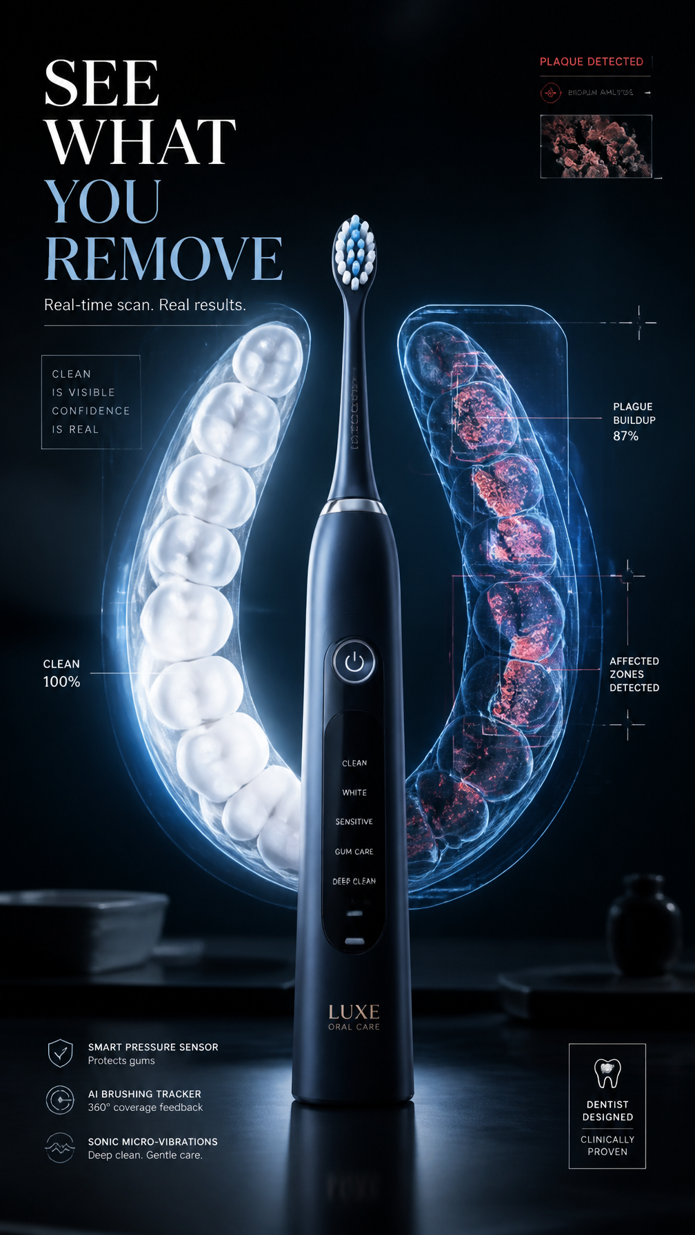 A premium 9:16 toothbrush advertising poster.Main Subject:A 