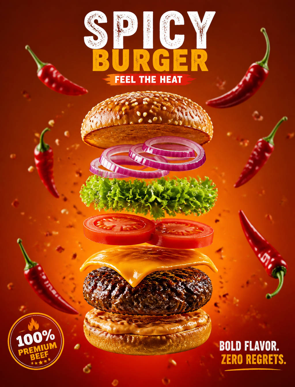 A deconstructed gourmet cheeseburger floats vertically in mi