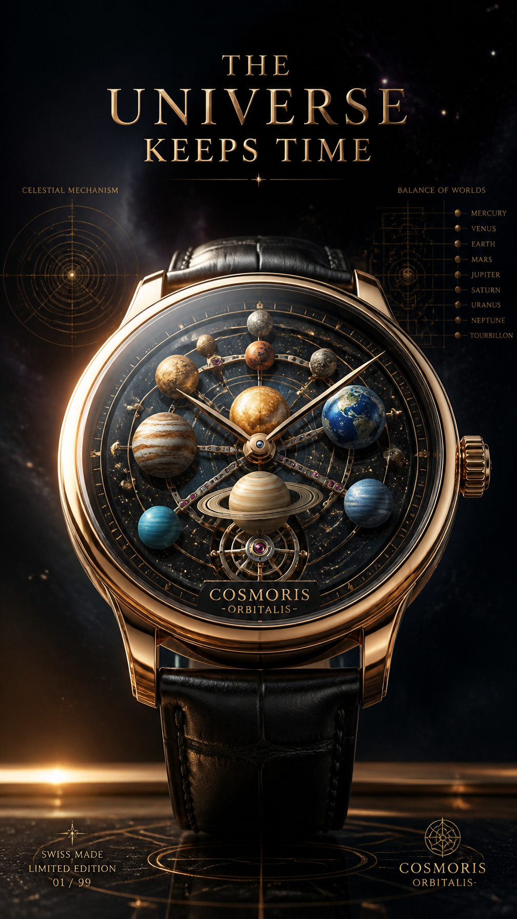 A premium 9:16 luxury watch advertising poster.Main Subject: