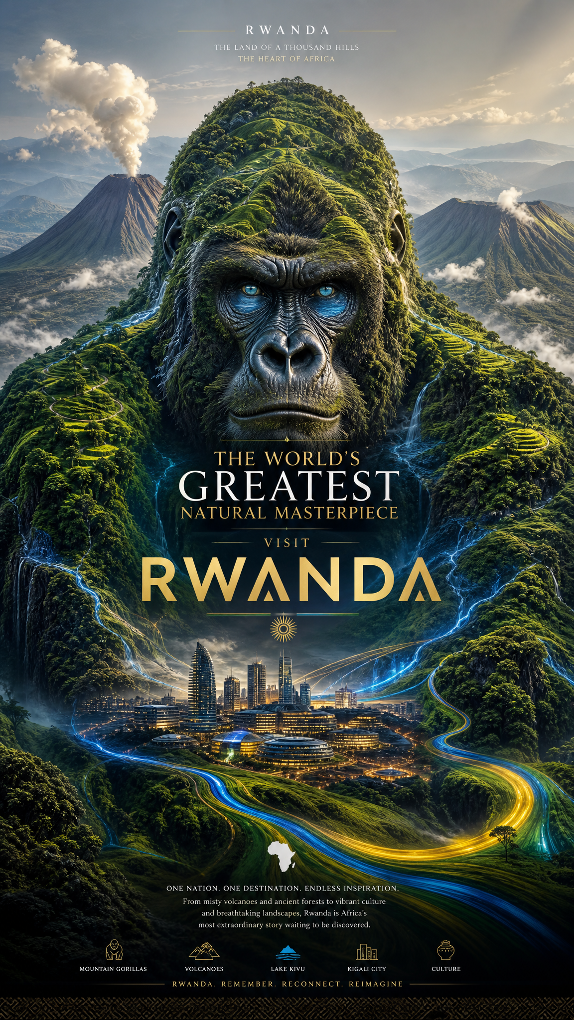 Create a revolutionary tourism poster for Rwanda where the e