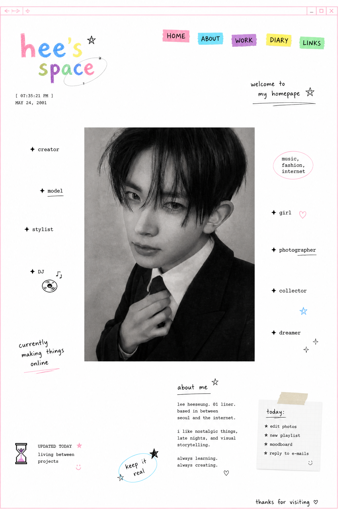Design a minimal early-internet personal profile webpage / d