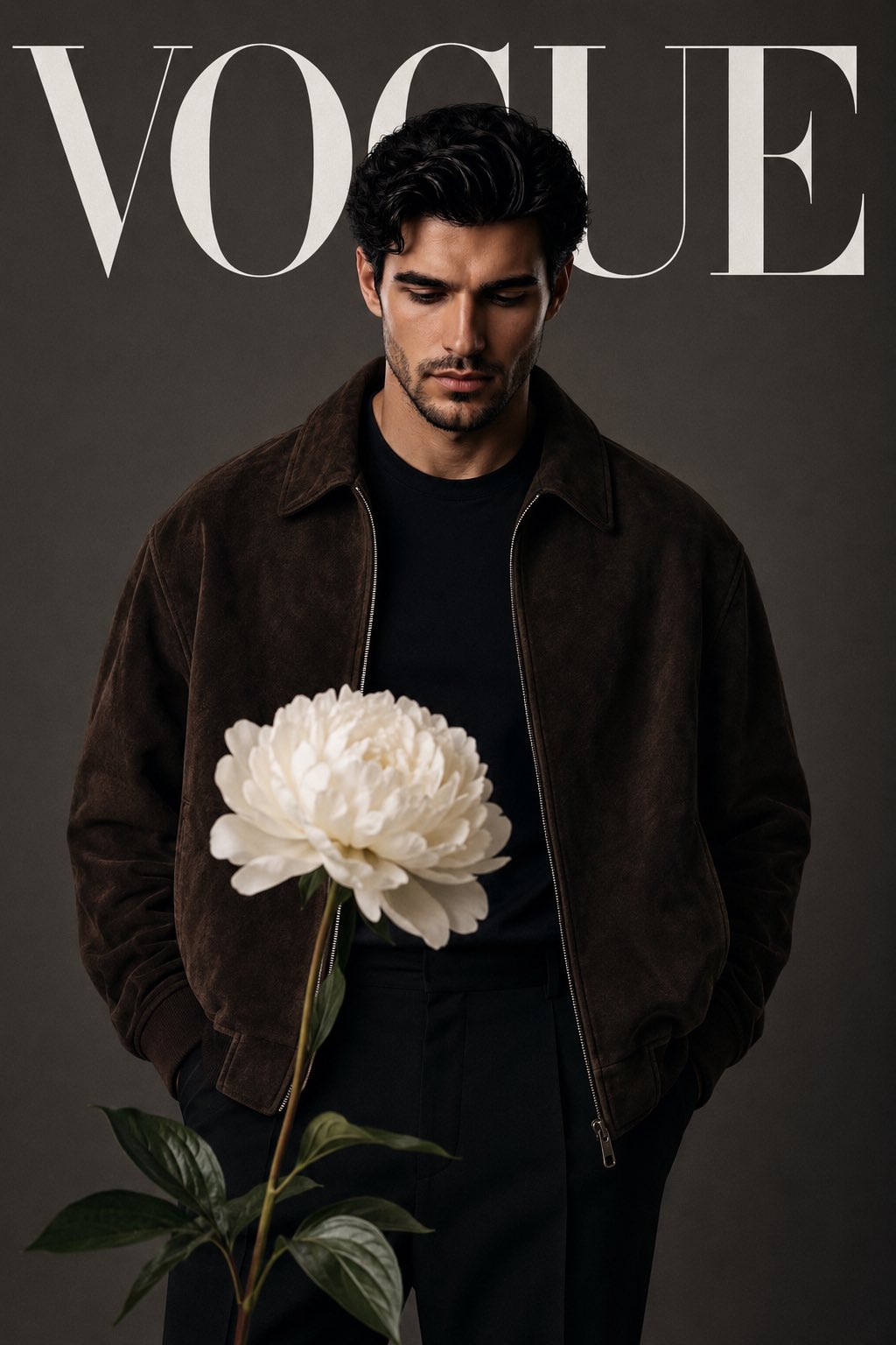 Create a luxury high fashion editorial magazine cover featur