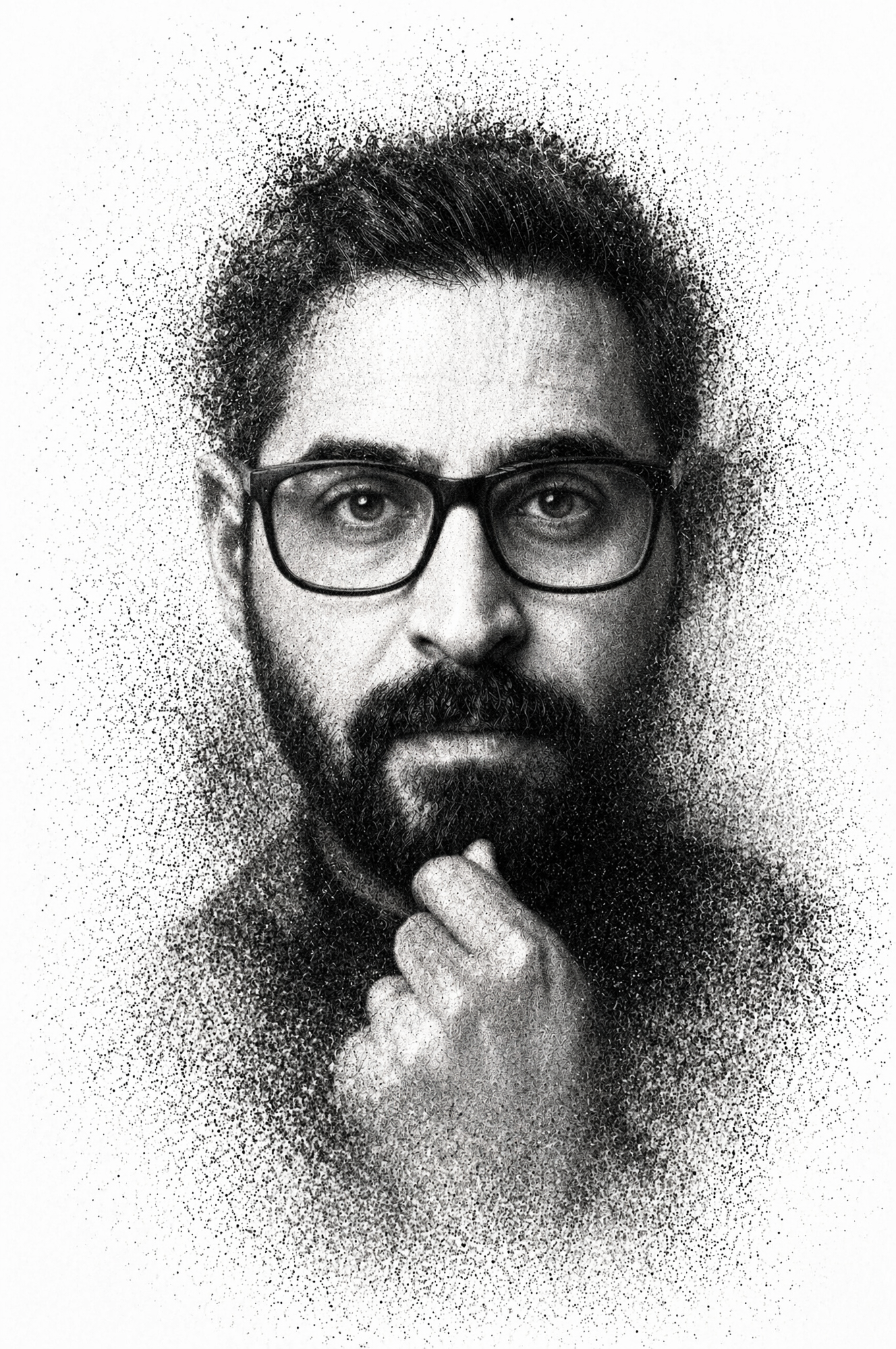 A high-contrast monochrome portrait depicts a man with a gro