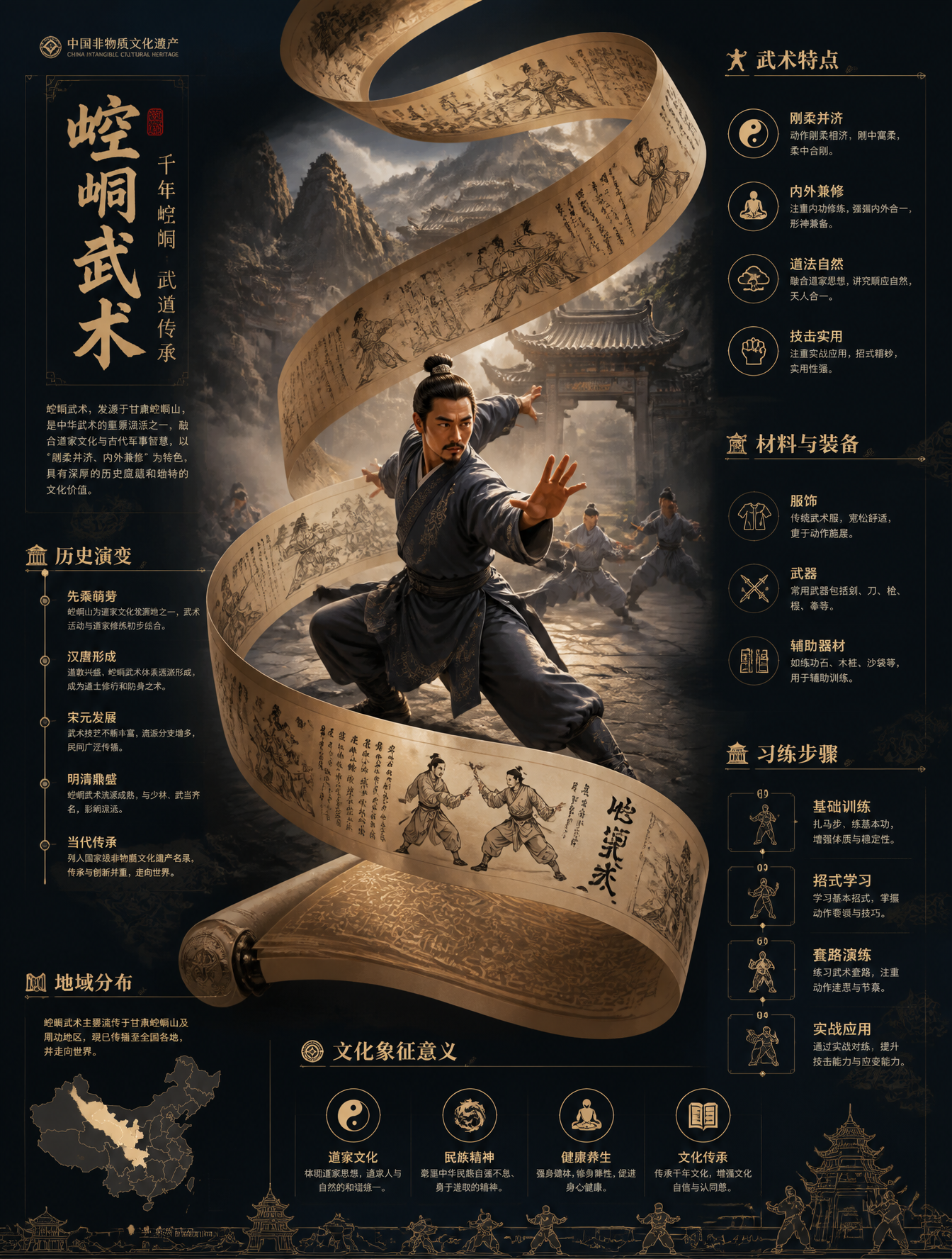 中国非物质文化遗产信息图海报，竖版3:4构图画面中心:展示崆峒武术‌的核心场景(工艺制作/表演/人物操作)，具有强叙事感