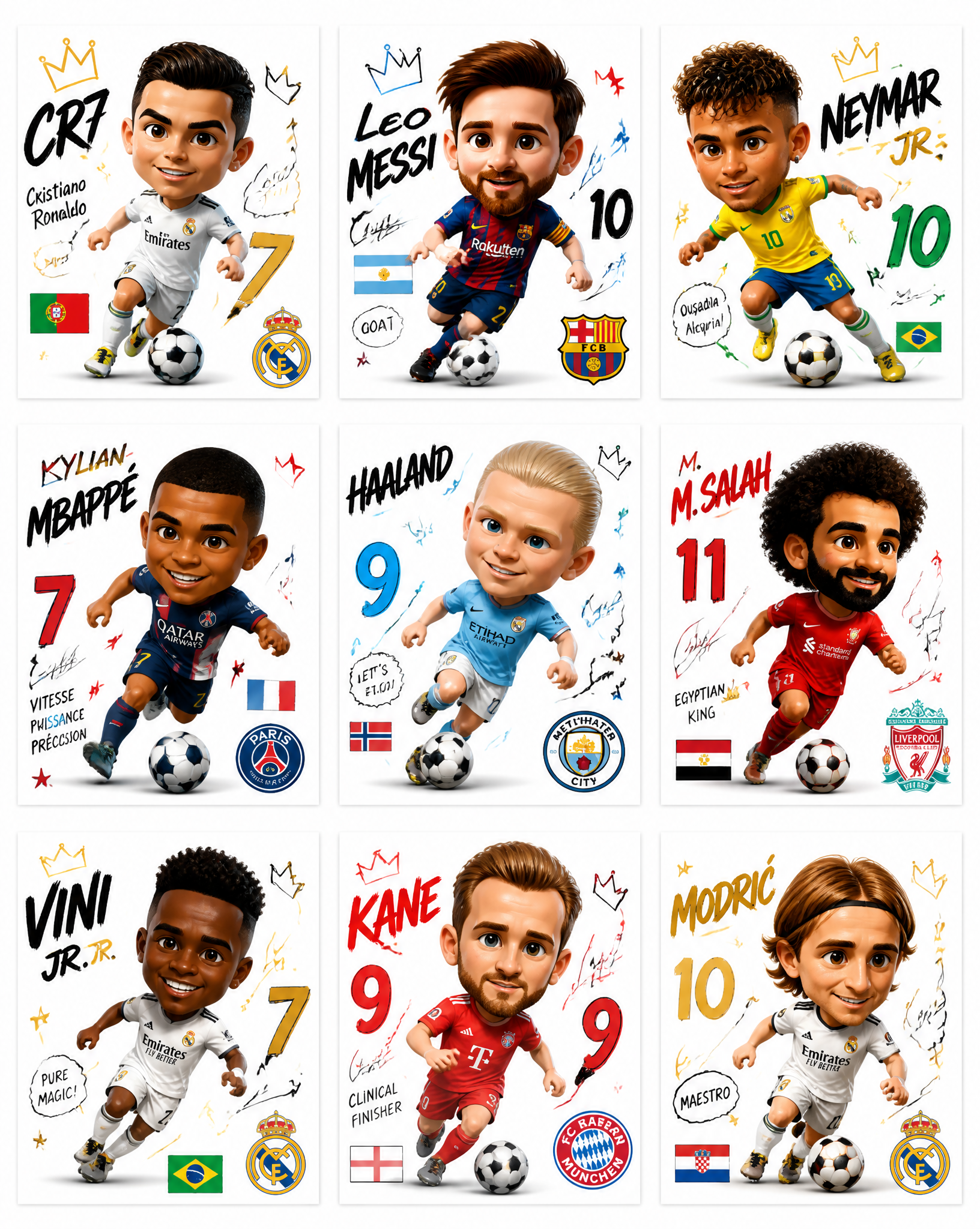 Create a collection of 9 square poster illustrations featuri