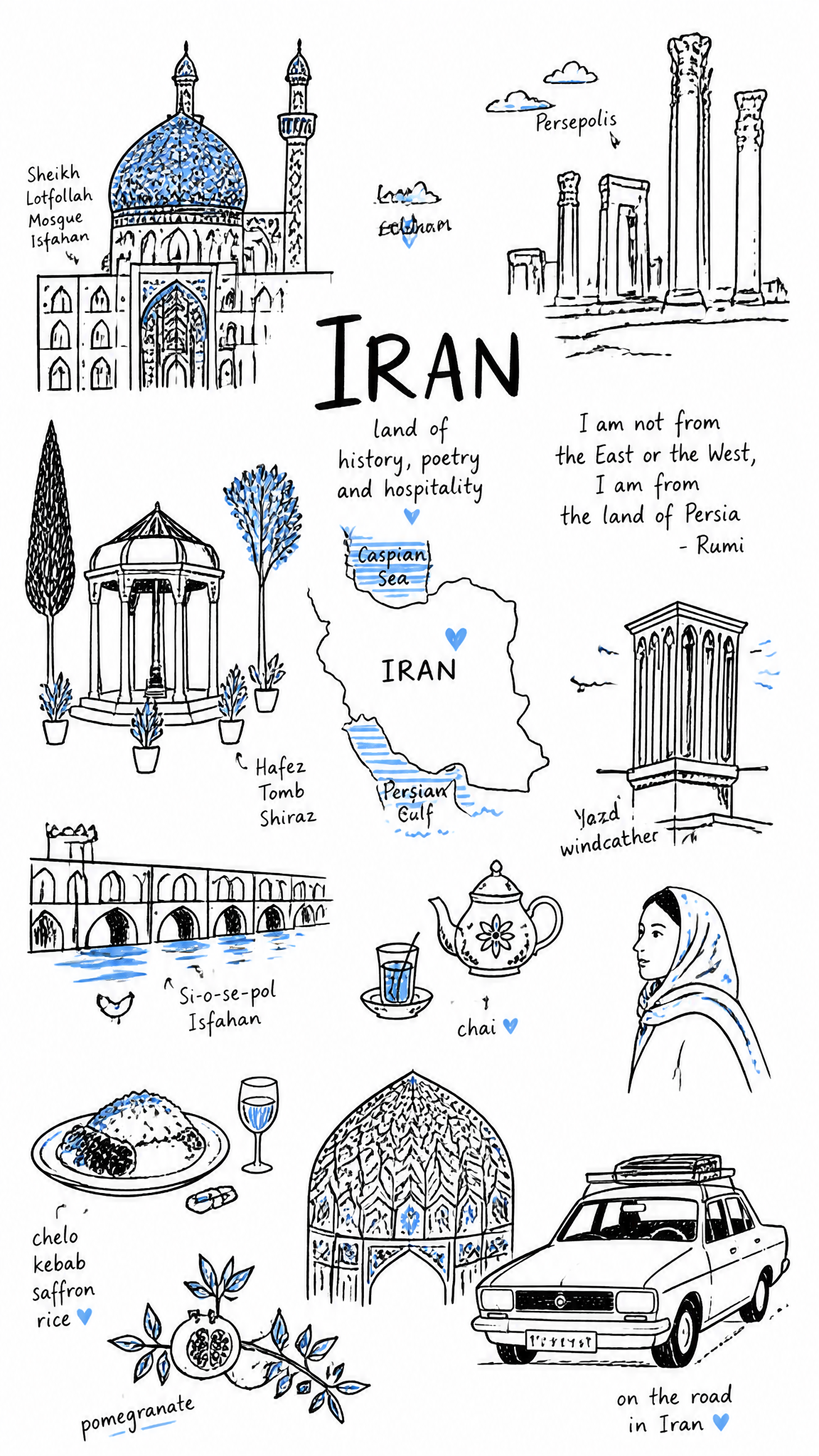 Create a charming editorial travel illustration of [Iran] in