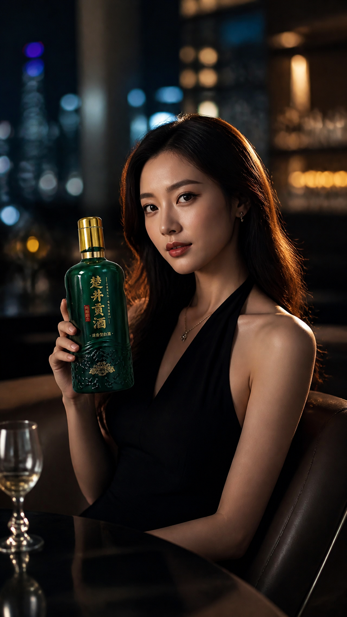 一位面容精致的中国女性，优雅地坐在充满现代感的高级酒吧环境中，神态从容且富有东方韵味。她手中握着一瓶极具质感的中国高端白
