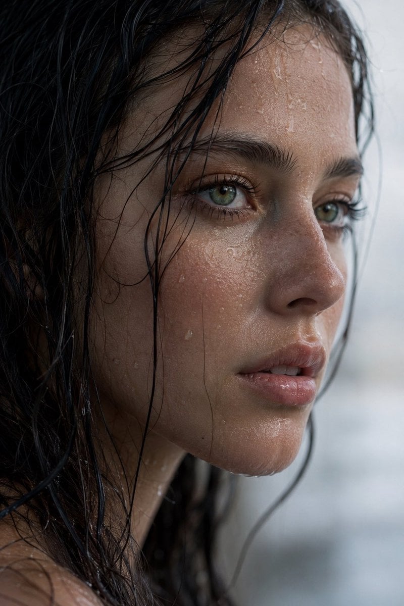 Extreme wet close-up portrait of a young woman in side profi