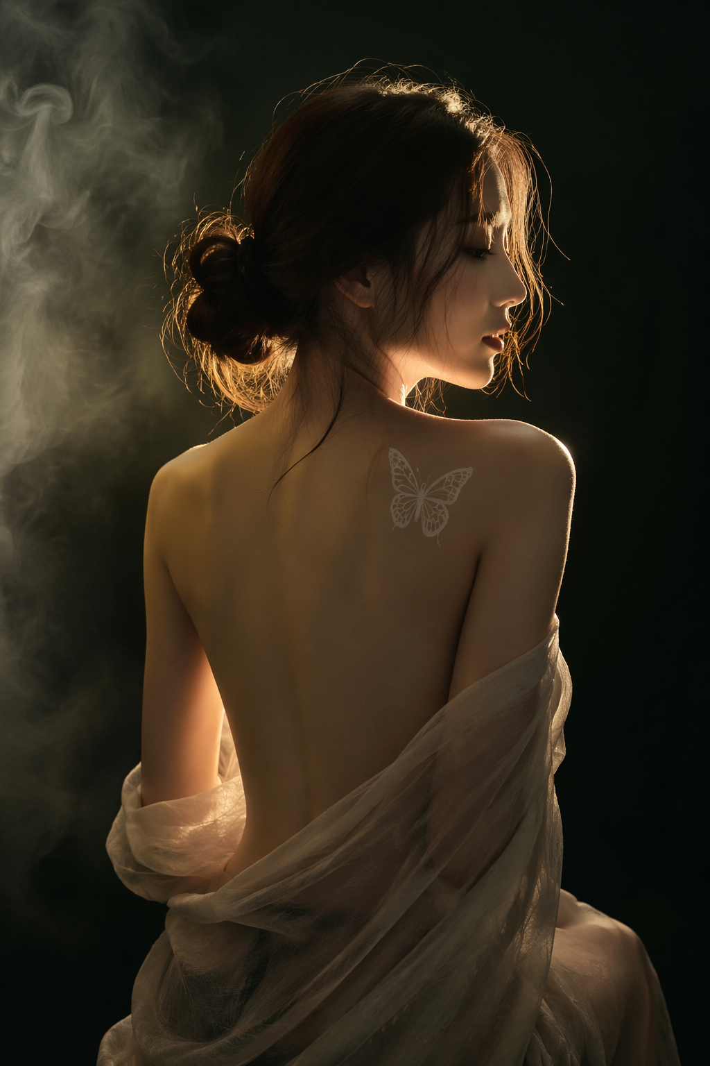 Vertical low-key portrait, East Asian young woman facing sid