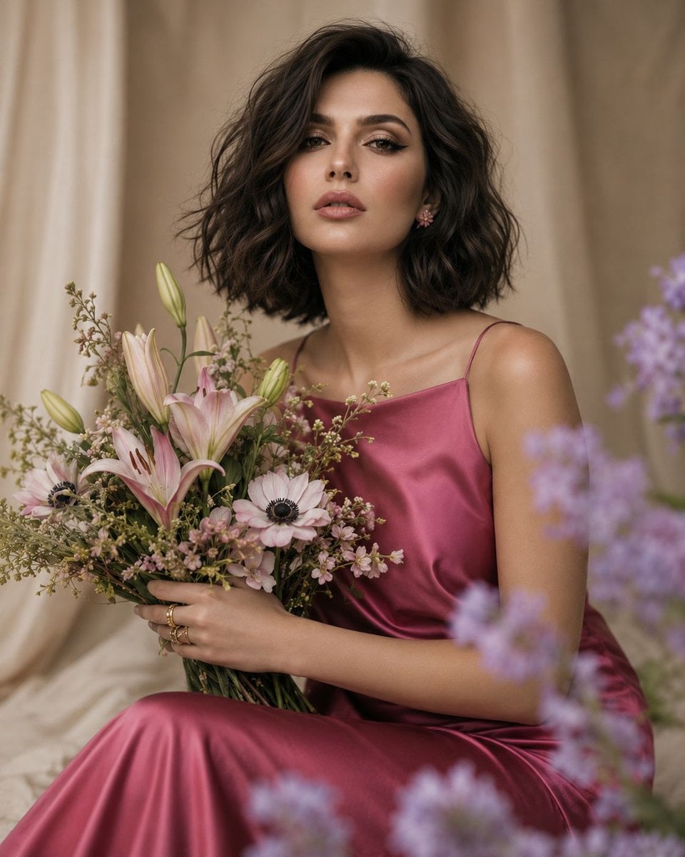 An elegant fashion editorial portrait of a young woman with 