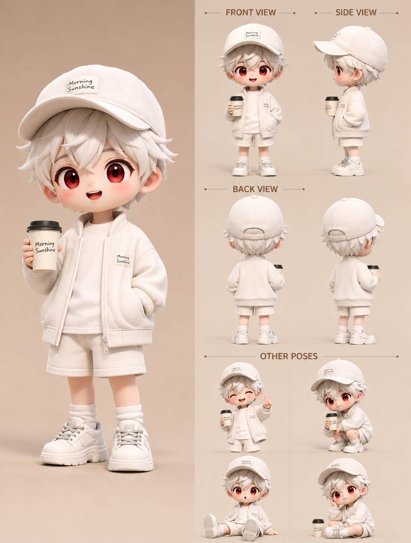 A cute 3D chibi character design sheet, a young boy with sho