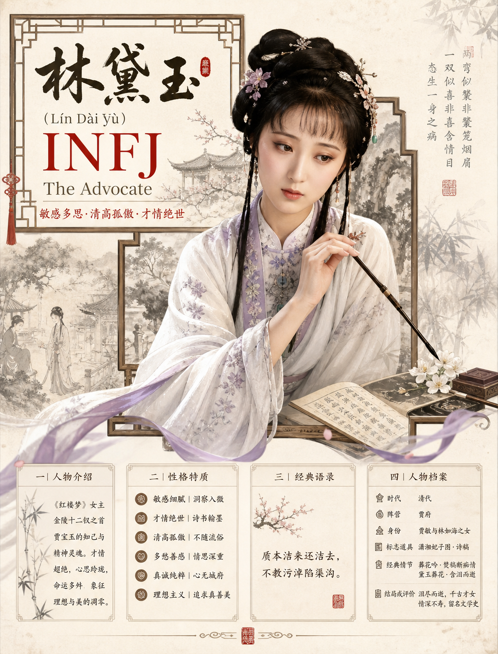 请生成一张【中国古典人物 MBTI 高端国风信息海报】。

【人物】
人物名称：{人物名}
【前置分析要求】
请先基于该