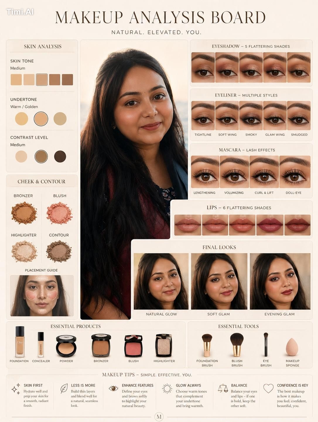 Create a high-end editorial “Makeup Analysis Board” from thi