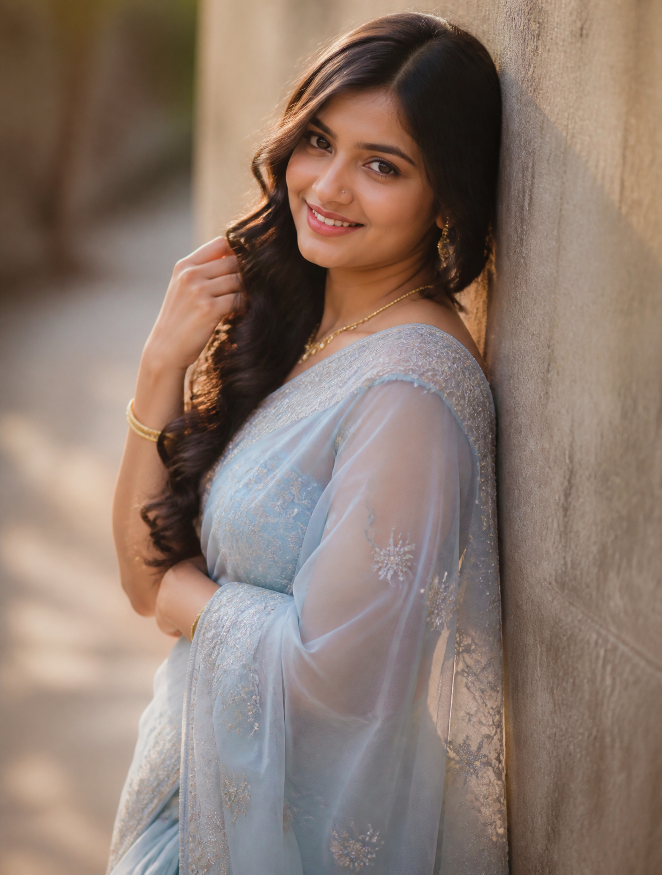 Ultra-realistic young Indian woman wearing a luxurious  powd