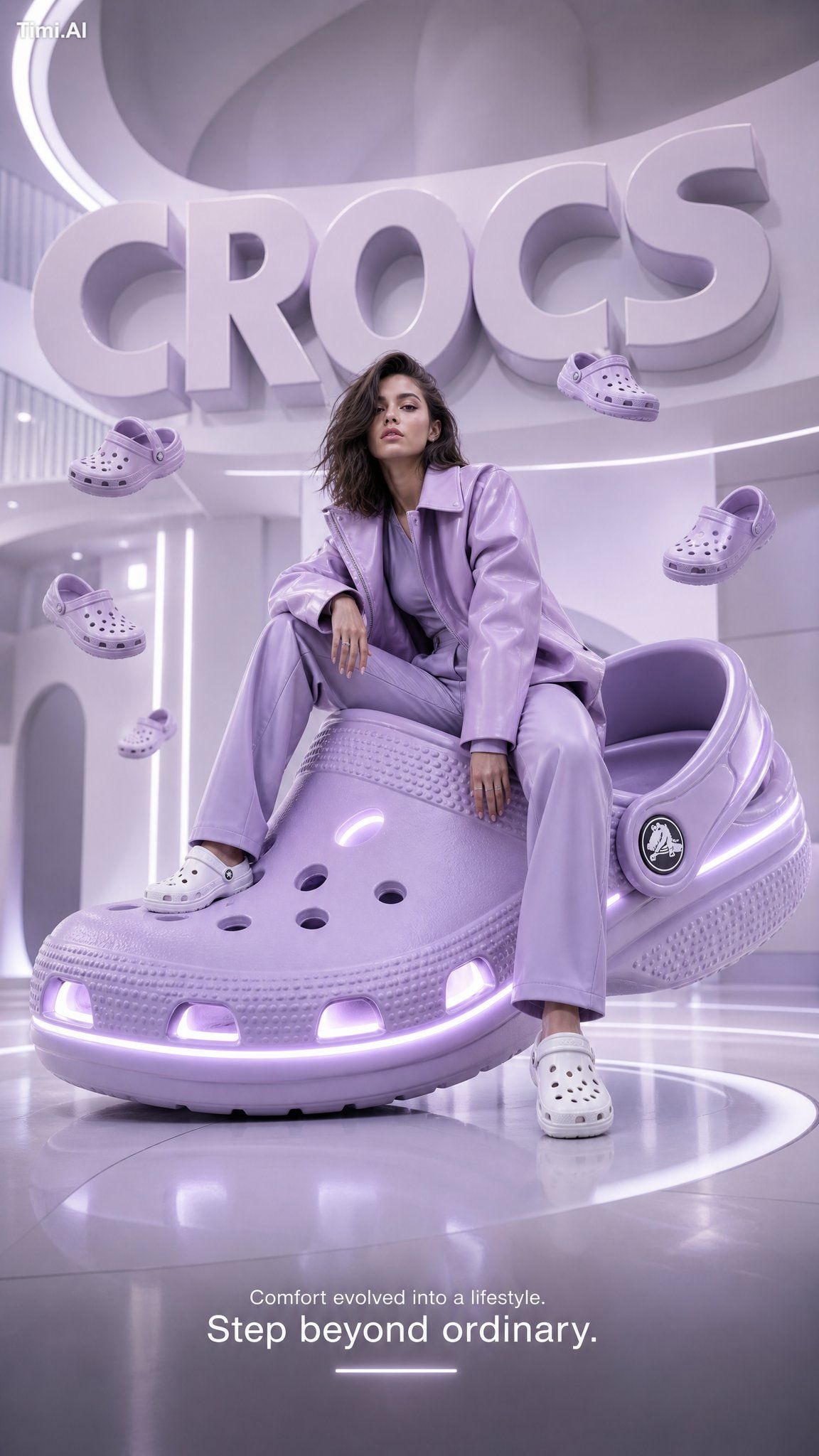 A futuristic high-fashion advertising poster for Crocs, blen