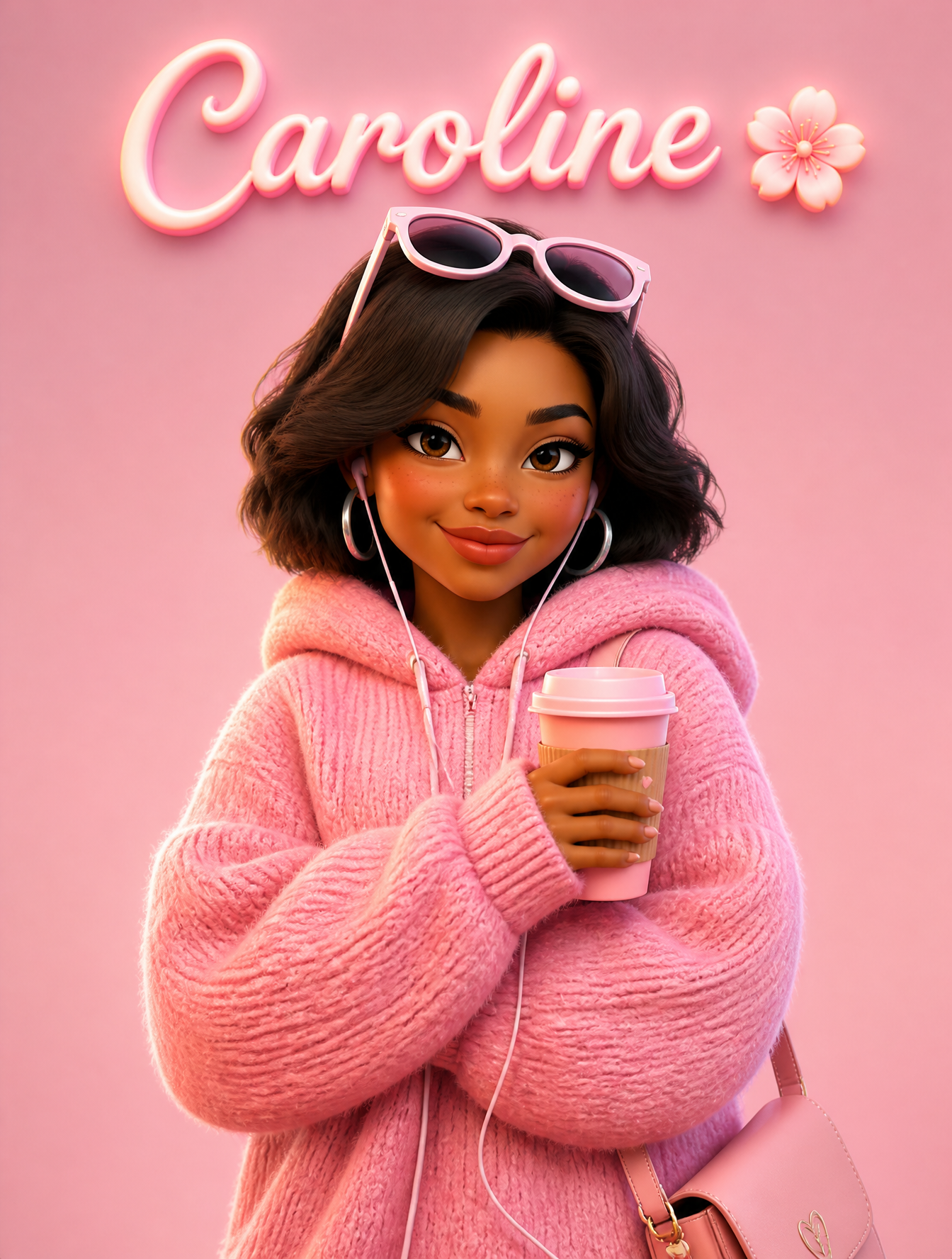 A cute Pixar-style 3D cartoon girl standing against a soft p