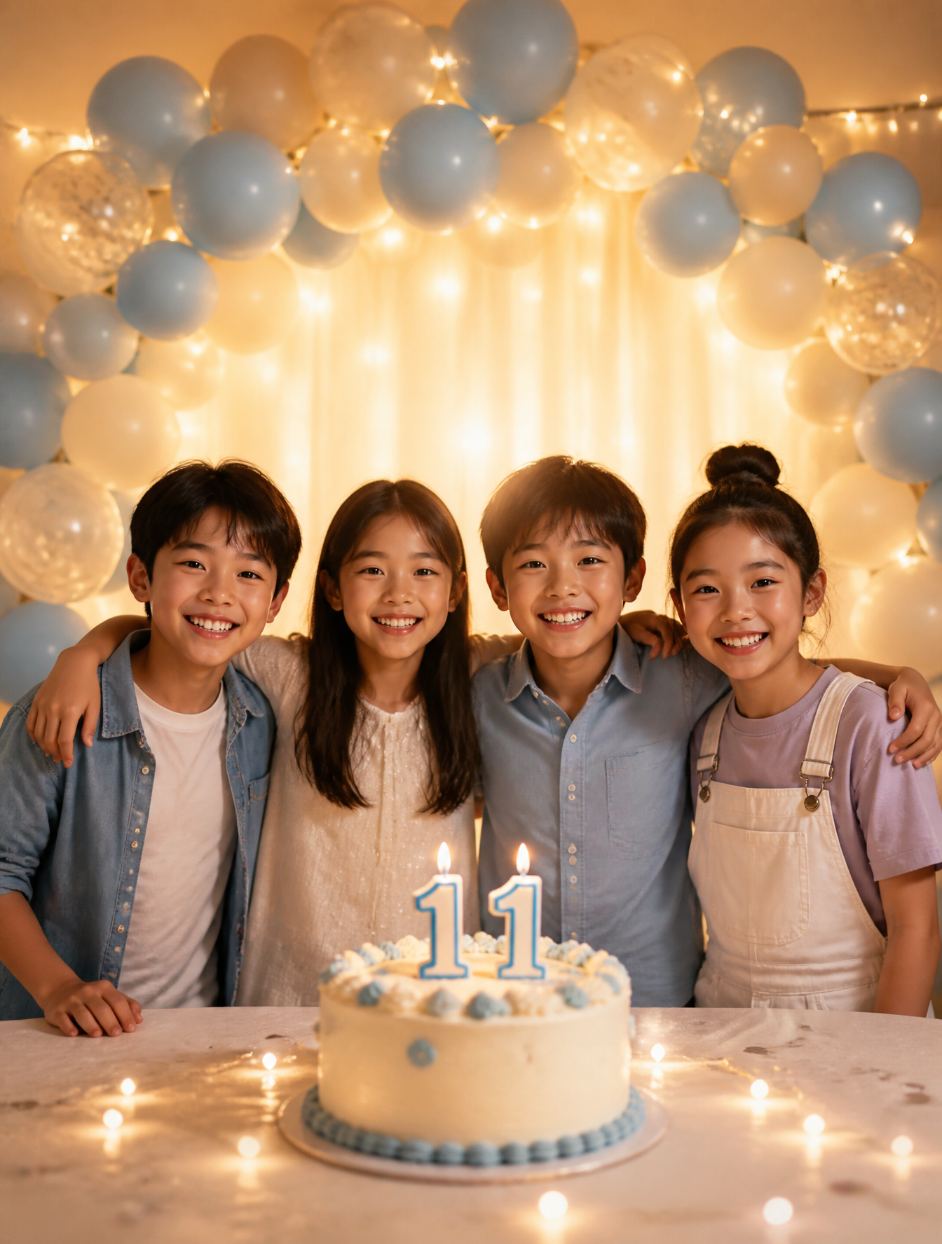 Four children stand in a horizontal line behind a birthday c