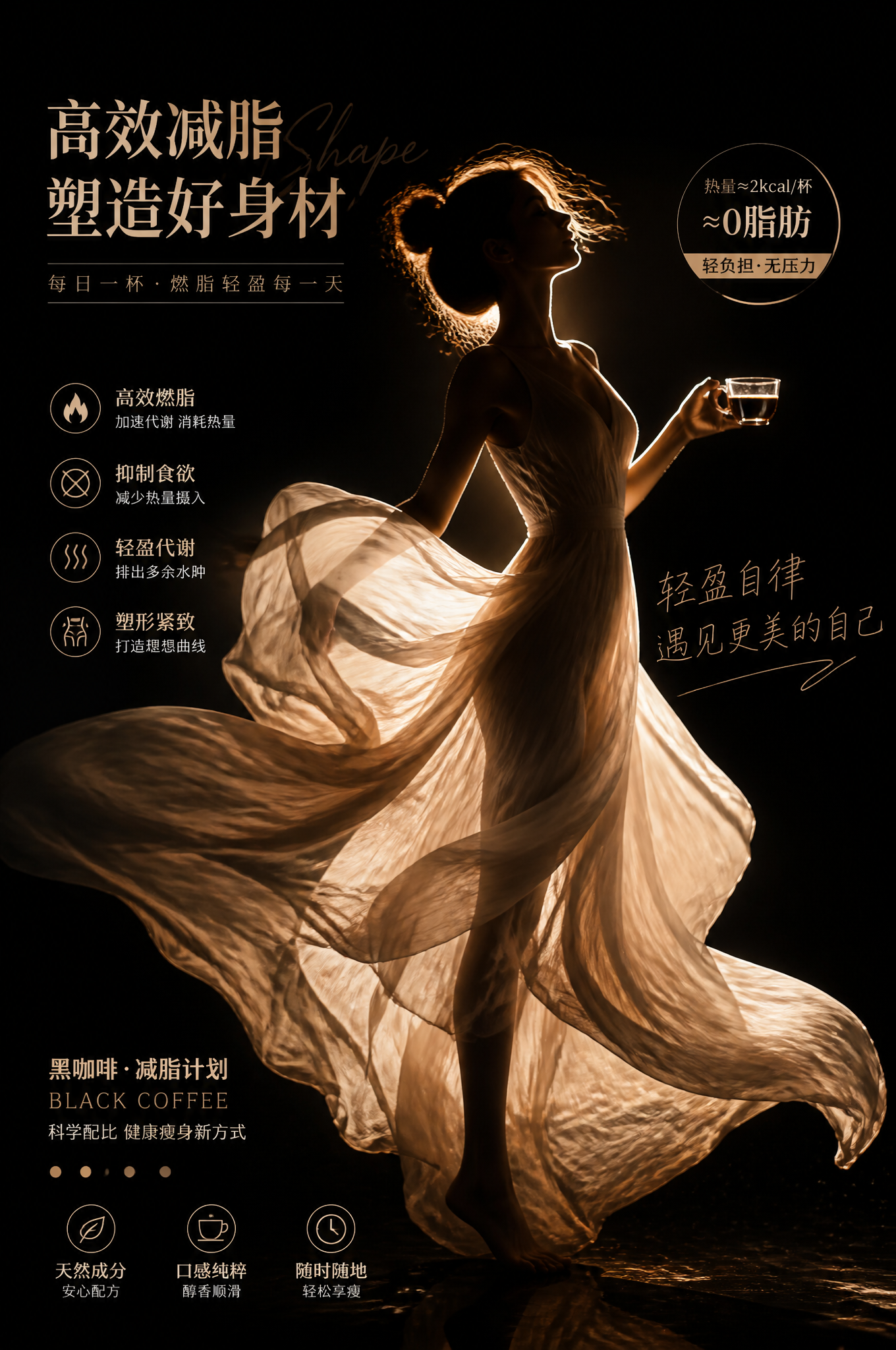 减脂产品的电商宣传海报，以女性剪影为核心，搭配直击痛点的文案，传递出 “高效减脂、塑造好身材” 的产品理念，是黑咖啡、减