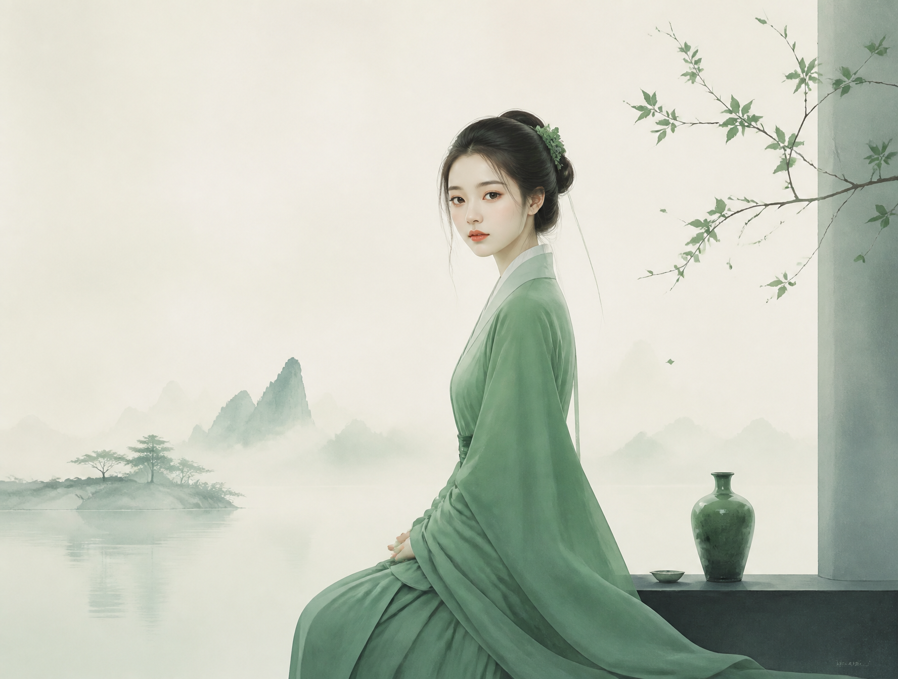 极简东方禅意半写实插画,主体为一位面庞精美的东方女性,青绿颜色体系,较强饱和对比,画面空灵静谧,大面积留白,带轻雾感、静