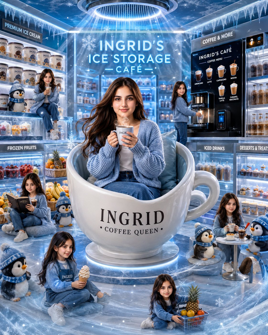 A whimsical and fantastical advertisement for 'Ingrid's Ice 