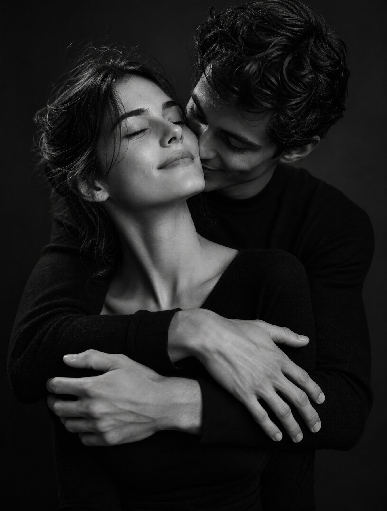 Create a black-and-white studio portrait of a couple in an i