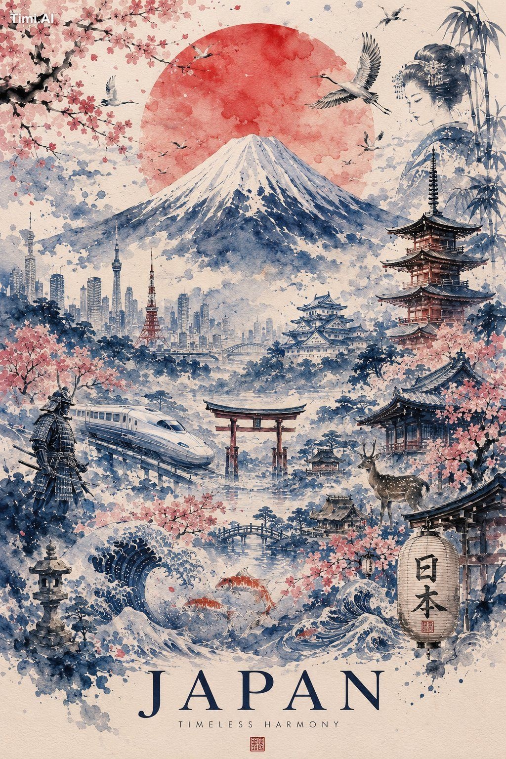 Ultra-detailed watercolor travel poster of Japan, painted in