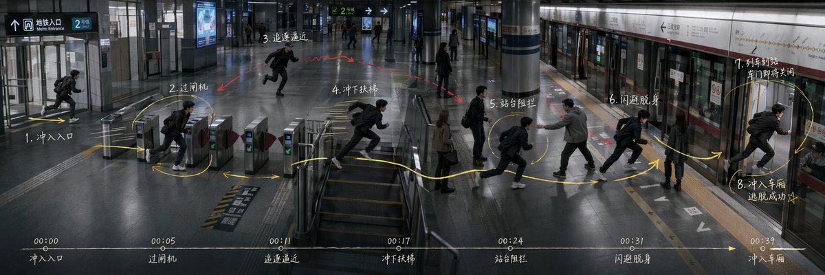 参考图仅用于场景调度和动作路线参考,最终视频中不要出现任何箭头、数字、文字、圈线、时间线或手绘标记,画面必须是干净的电影