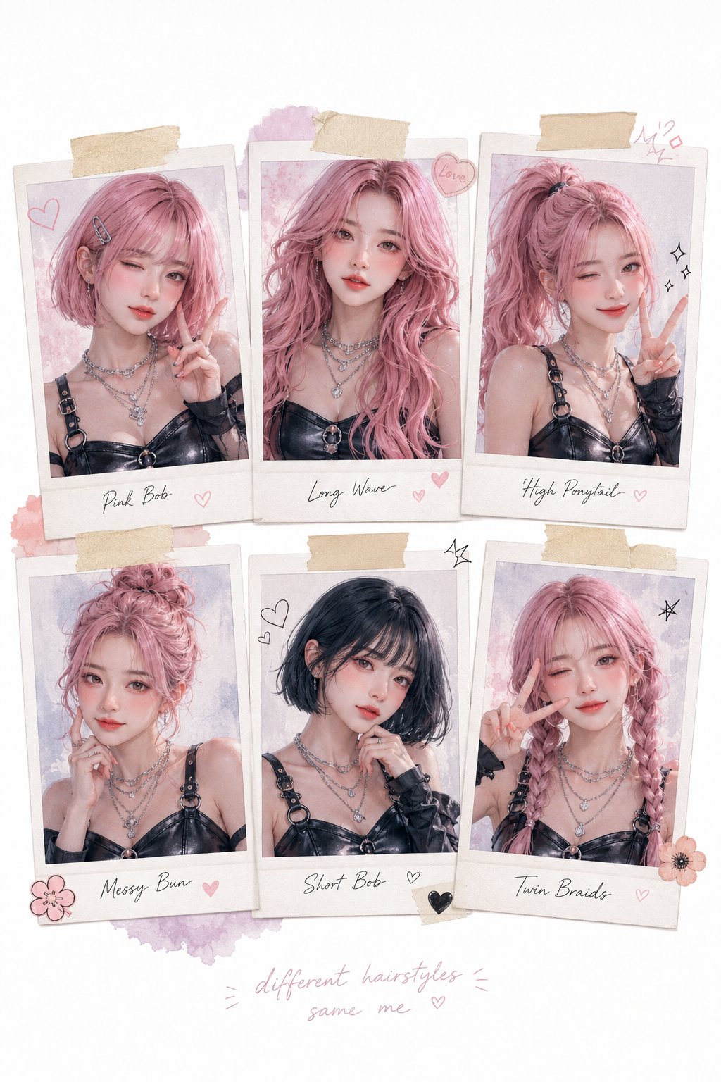 Aesthetic scrapbook collage featuring six Polaroid-style por